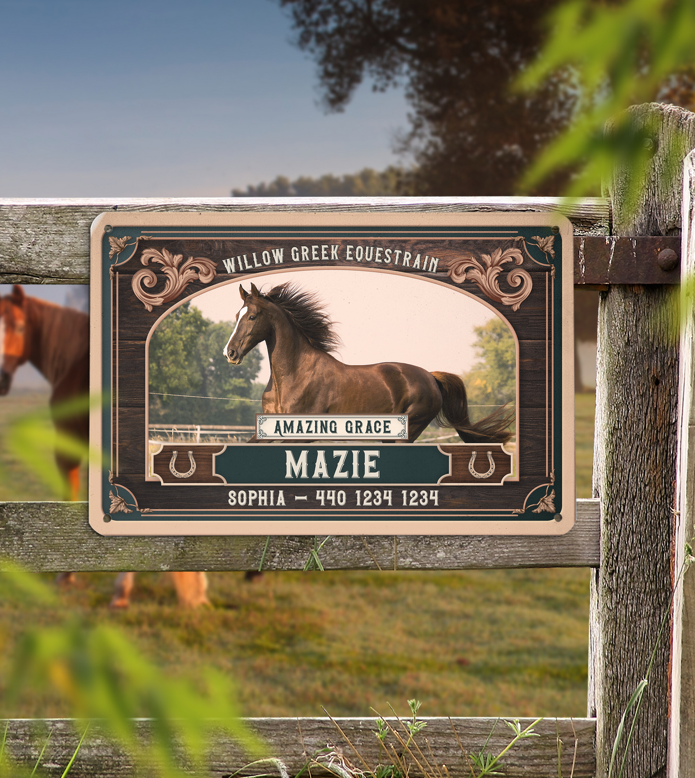 A personalized horse stall name plate with intricate designs and customizable options displayed in a rustic barn setting