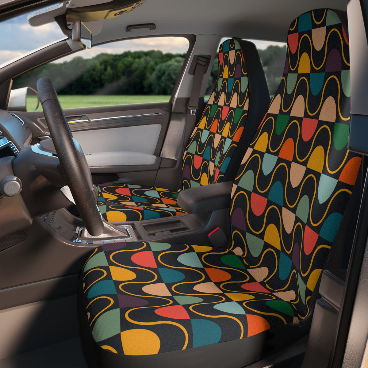 Mid-Century Modern Car Seat Covers Set,Aesthetic Abstract Pattern Car Driver Seat Cover,Boho 80s Retro Car Decor,Cute Car Accessory Woman
