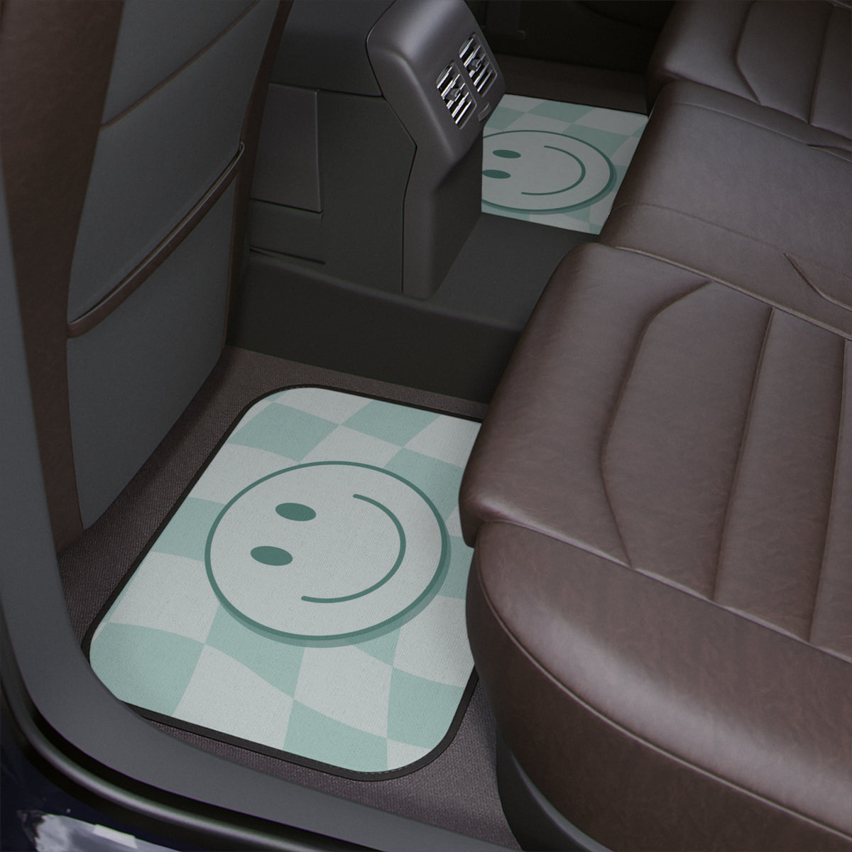 Groovy Sage Green Car Floor Mat,Aesthetic Y2K Smiley Face Car Floor Mat,Boho Checkered Car Accessory,Cute Girly Car Interior Decor Positive