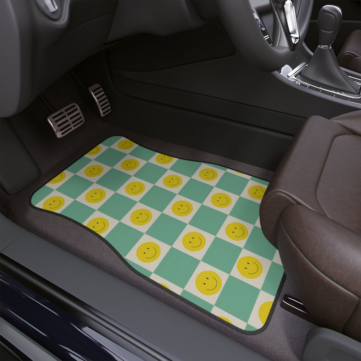 Boho Car Floor Mats, Aesthetic Y2K Smiley Face Checkerboard Car Floor Mats,Y2K Retro Car Accessories, Cute Car Accessory For Women