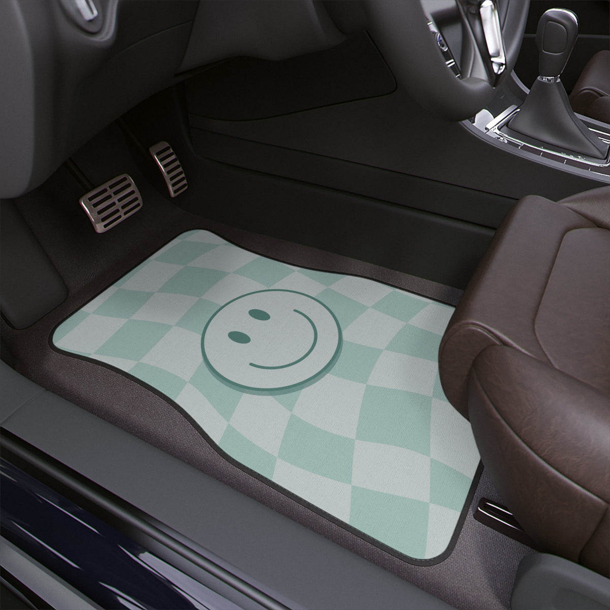 Groovy Sage Green Car Floor Mat,Aesthetic Y2K Smiley Face Car Floor Mat,Boho Checkered Car Accessory,Cute Girly Car Interior Decor Positive