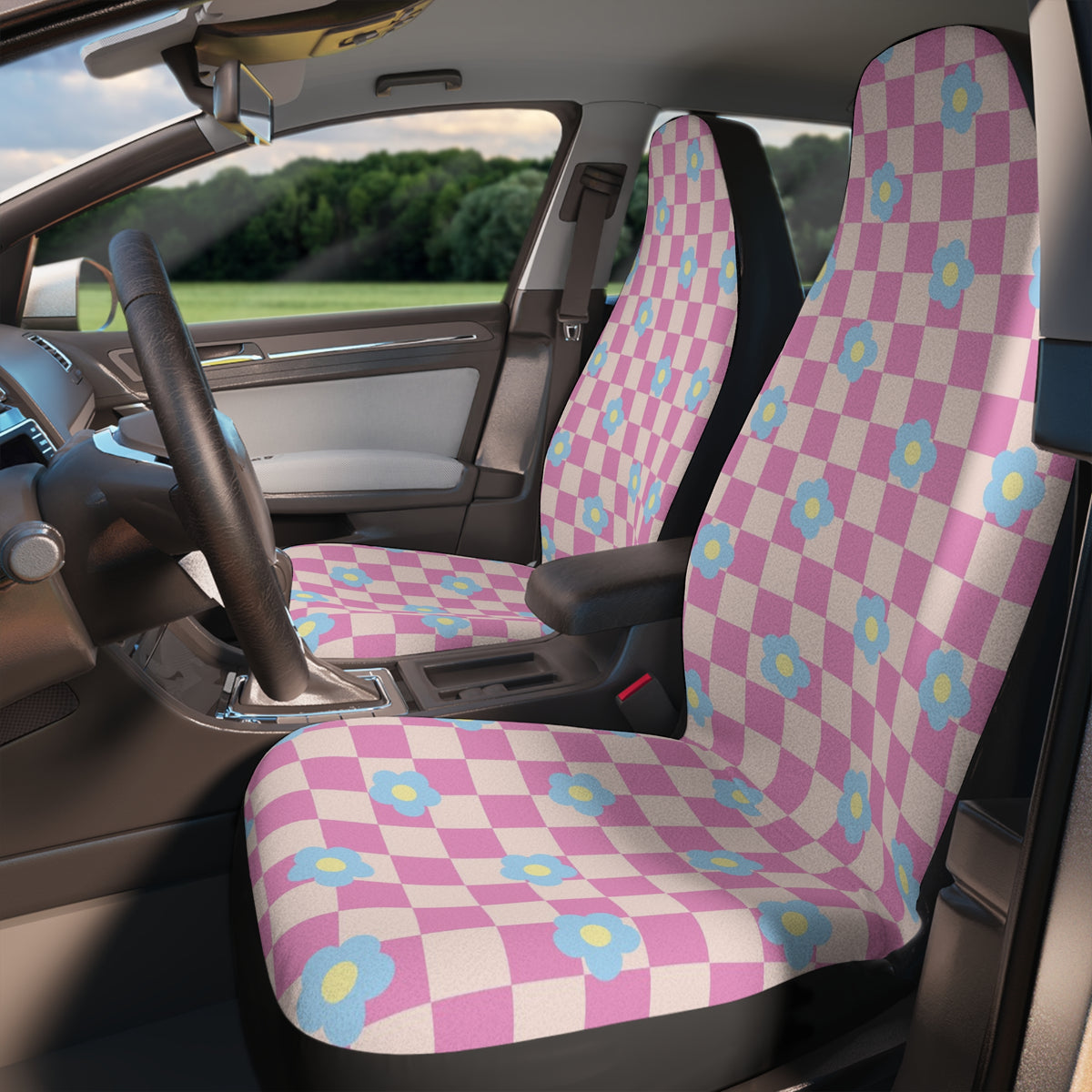 Pink Checkered Boho Car Seat Covers Set, Aesthetic y2k flower Car Seat Cover, Good Vibes Groovy cute car Accessories,Cute y2k car decoration