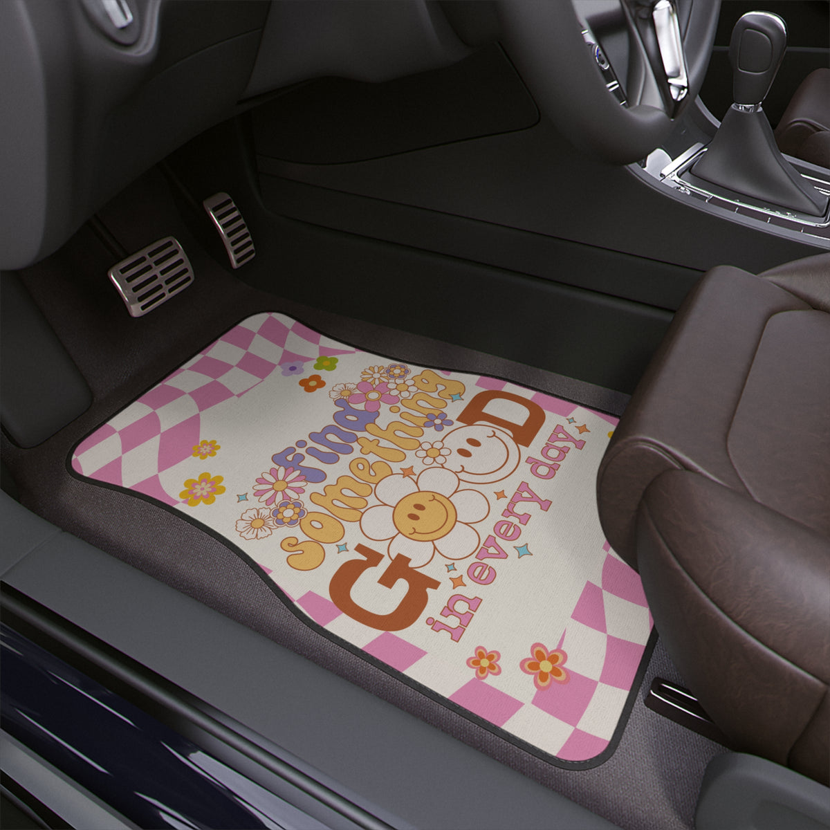 Retro Car Floor Mats,Aesthetic Y2K Colorful Flowers Car Floor Mats,Boho Checkered Car Accessory,Cute Girly Car Interior Decor,Positive Quote