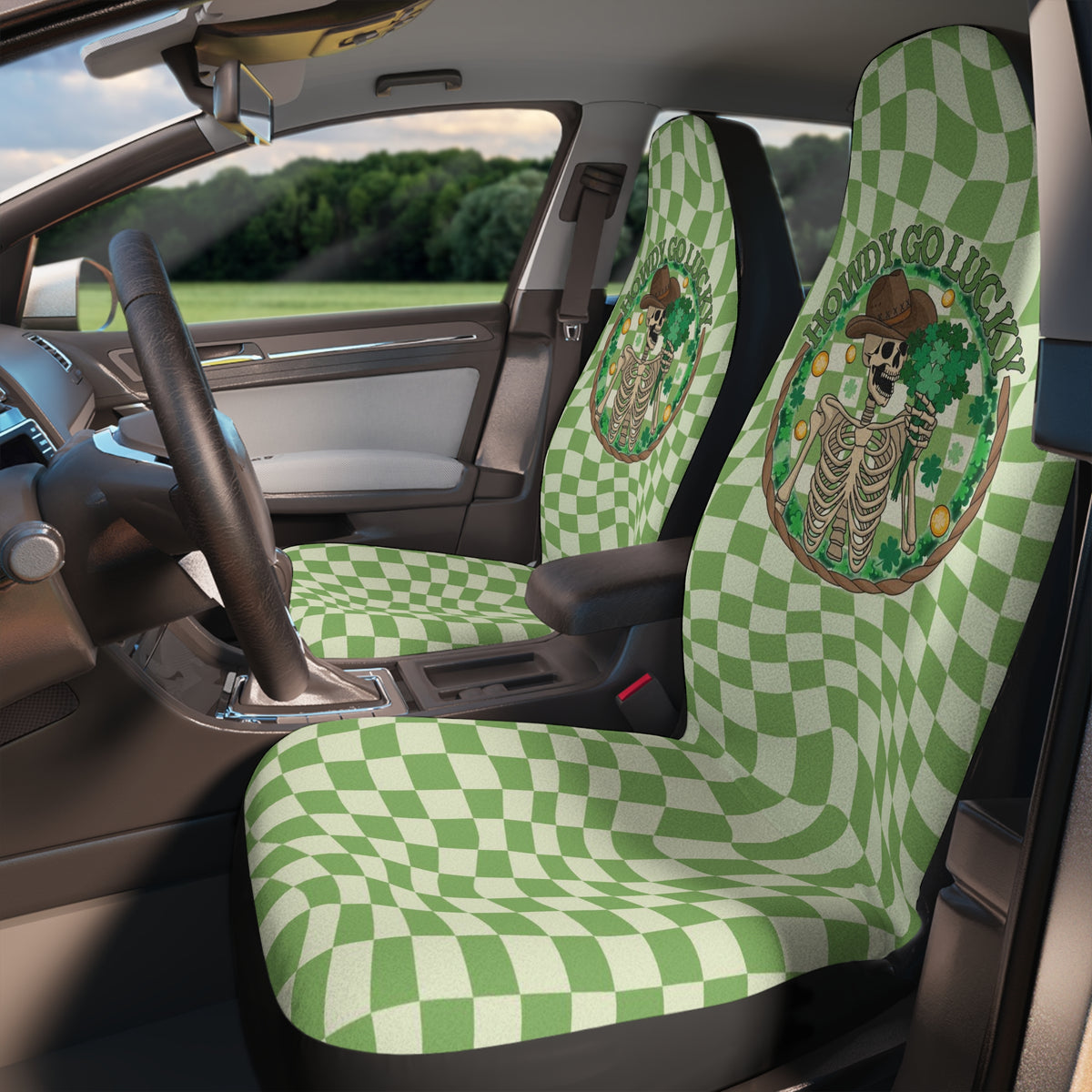 Green Shamrock Car Seat Covers,St.Patrick's Day Car Decoration,Irish Car Decor,Textured Checkered Car Seat Cover,Groovy Lucky Car Accessory