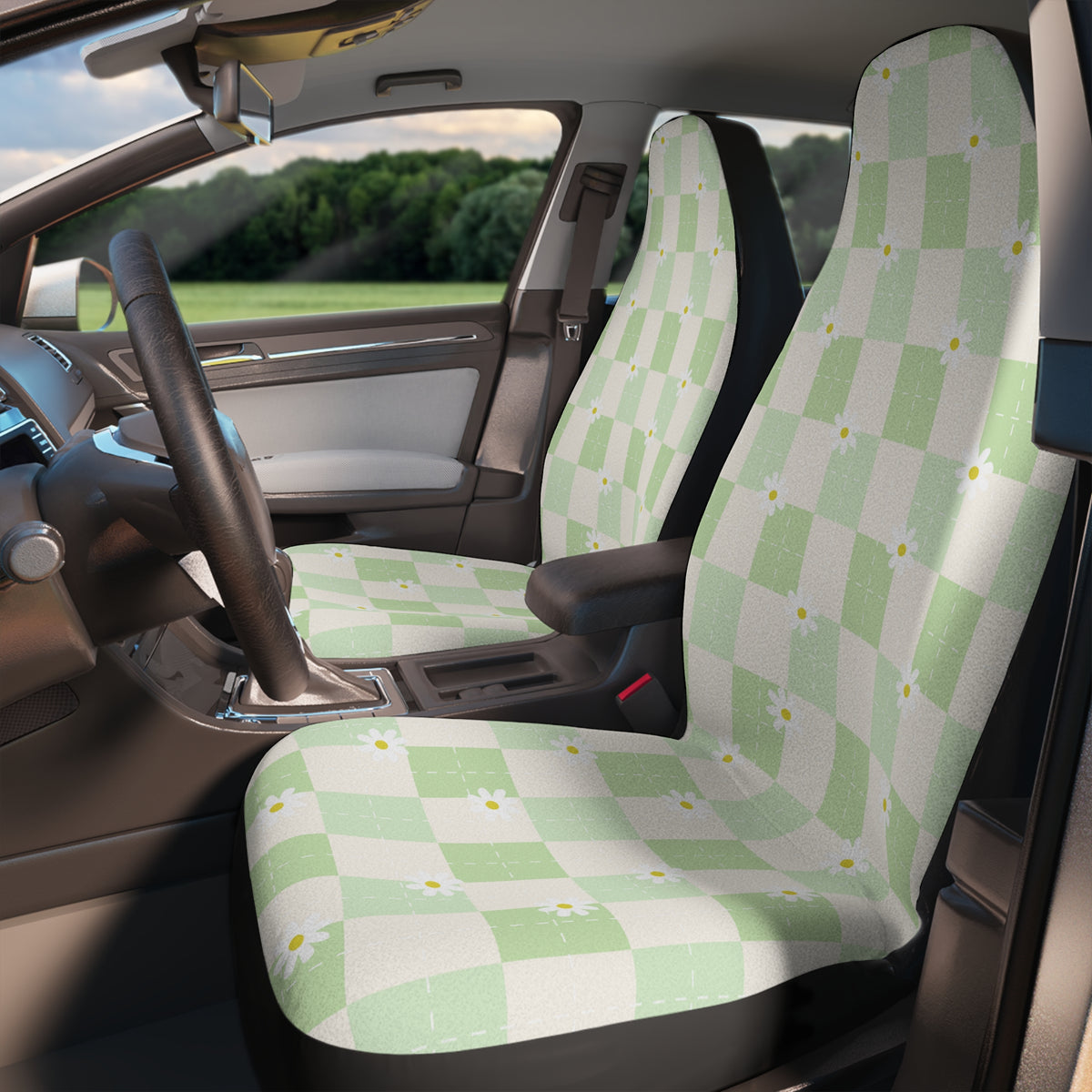 Lime Green Car Seat Cover Set,Y2k Checkered Flower Car Driver Seat Cover,Cute Girly Car Interior Decor,Aesthetic Car Accessory For Women