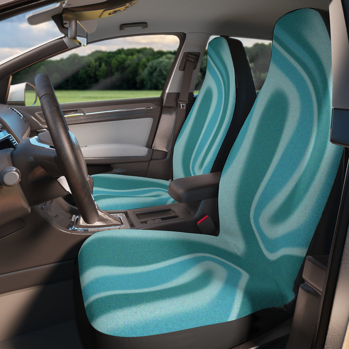 Teal Textured Car Seat Covers Set,Aesthetic Abstract Marble Pattern Car Driver Seat Cover,Cute Car Decor,Boho Wavy Car Accessory for Women