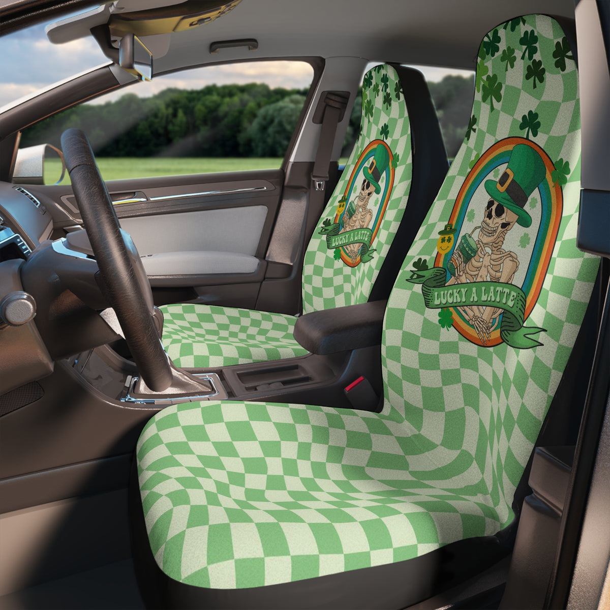 Green Shamrock Car Seat Covers,St.Patrick's Day Car Decoration,Irish Car Decor,Textured Checkered Car Seat Cover,Groovy Lucky Car Accessory