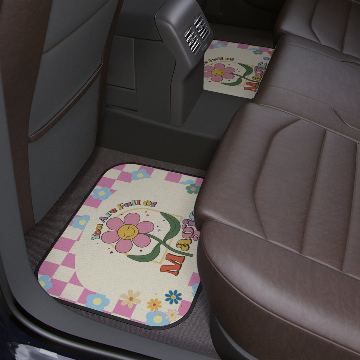 Boho Car Floor Mats, Aesthetic Y2K Colorful Flowers Car Floor Mats,Retro Checkered Car Accessories,Cute Girly Car Interior Decor for women