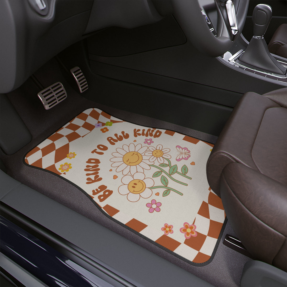 Retro Brown Car Floor Mats,Aesthetic Y2K Flowers Car Floor Mats,Boho Checkered Car Accessory,Cute Girly Car Interior Decor,Positive Quote