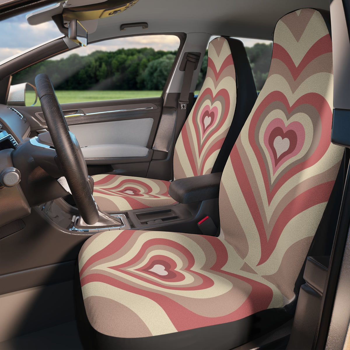Good Vibes Boho Car Seat Covers Set of 2,Aesthetic 70s Groovy Heart Car Seat Cover,Beige Pink Car Seat,Y2K Retro Vintage car accessories