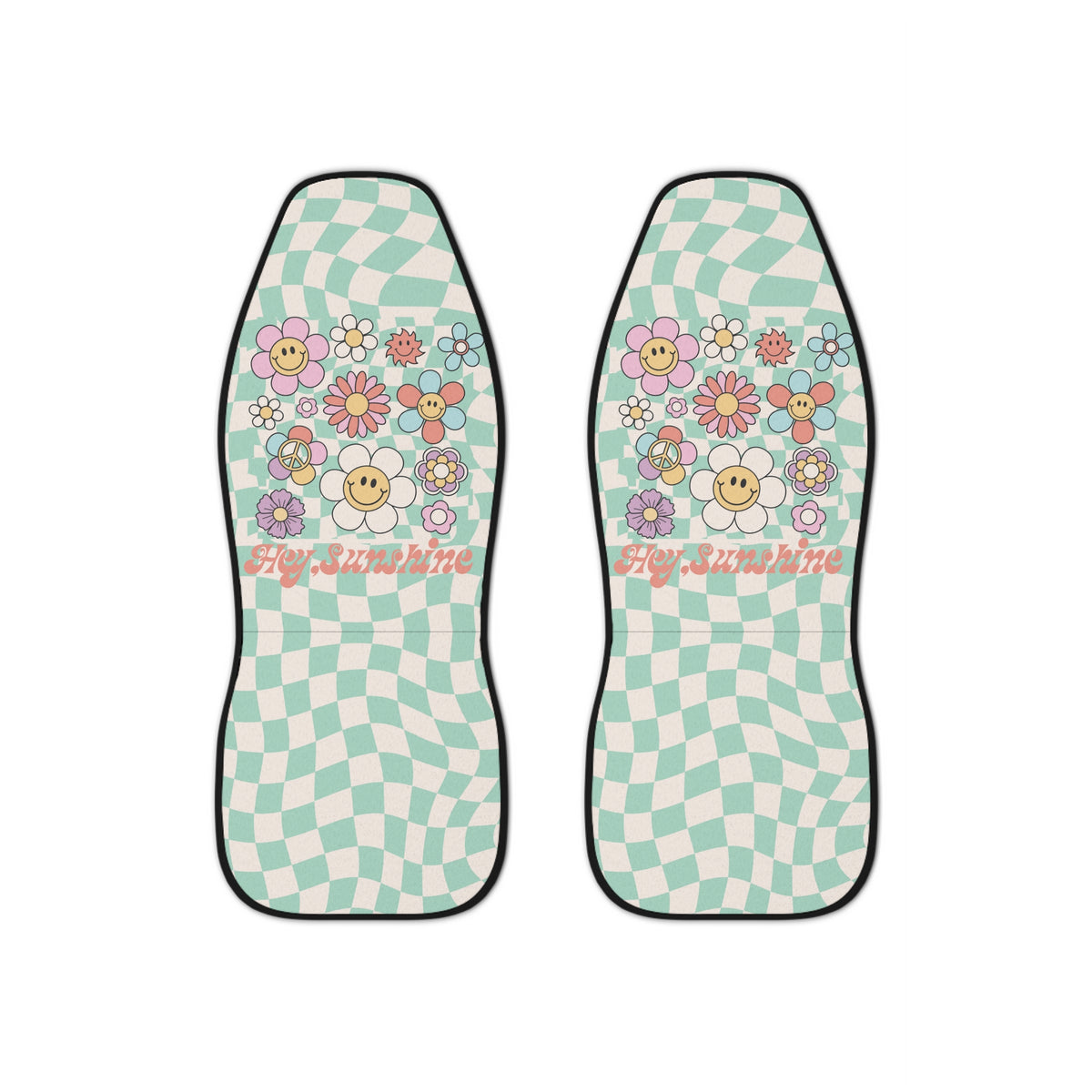 Groovy Pastel Green Heart Car Seat Covers Set,Y2k Checkered Flower Car Driver Seat Cover,Cute Girly Car Decor,Aesthetic Car Accessory Woman