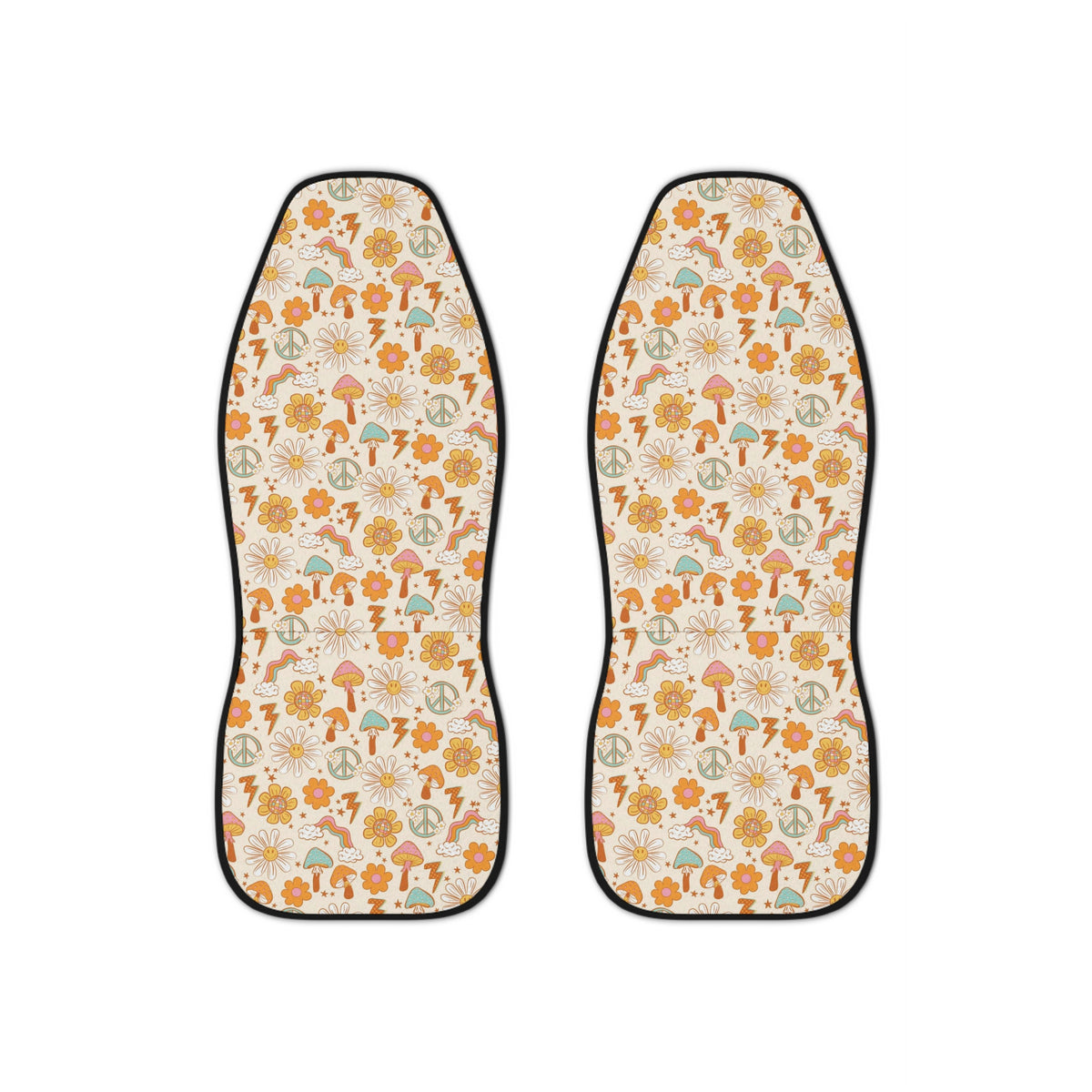 Beige Hippie Flower Car Seat Covers Set, Bohemian Car Seat Covers, Flower Power Car Decor,70s Retro Hippie Interior Decoration,Car Accessory