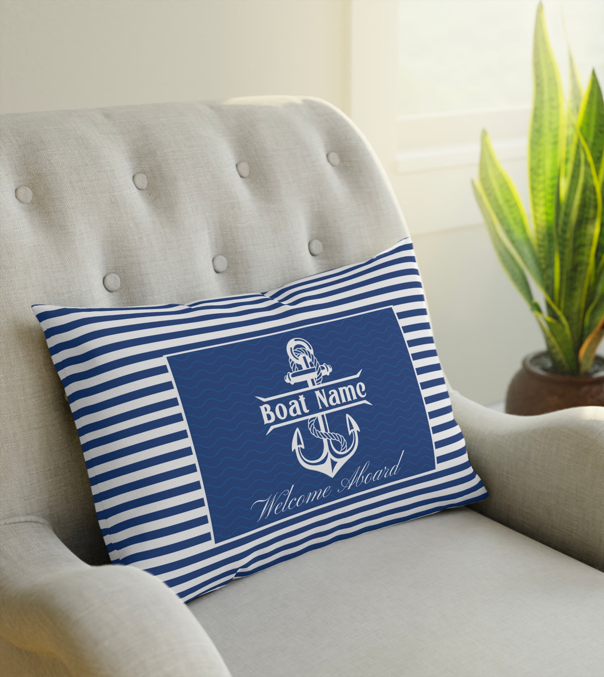 A rectangular lumbar pillow with a nautical theme, personalized with a custom boat name. The pillow features a navy blue background with a white anchor and rope design. The boat name is printed in bold white letters at the center. This comfortable maritime decor item, perfect for yacht, boat, pontoon, ship, or cruise owners, is available in a variety of nautical patterns and is sold by StarryPrints