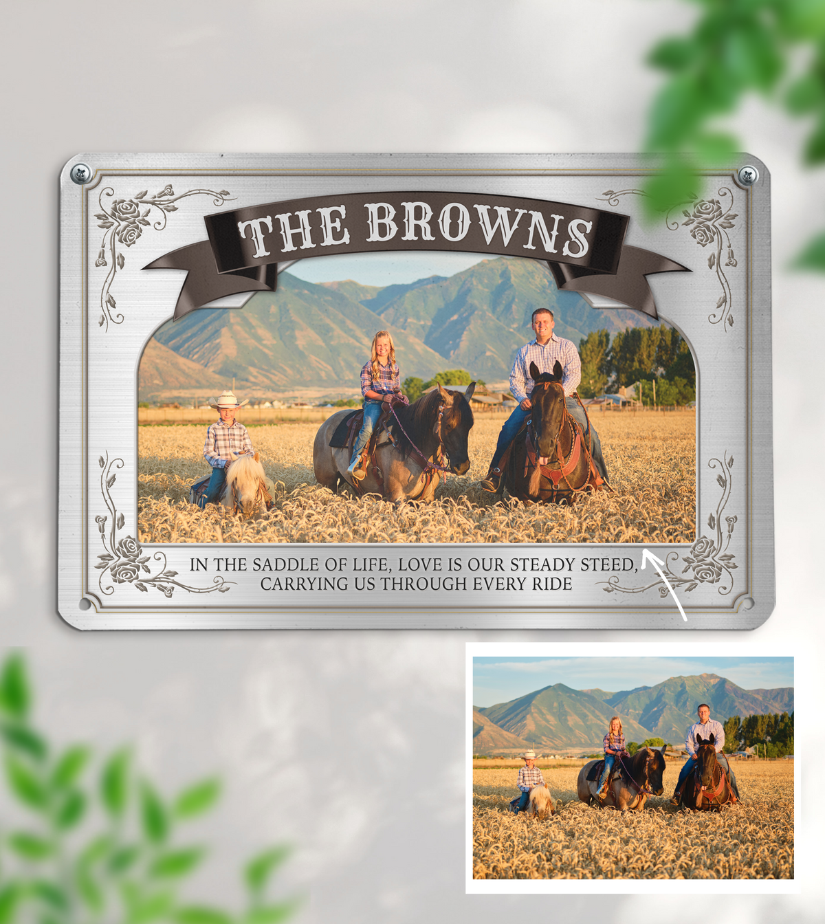 Custom Horse Family Photo Metal Wall Art showing a personal equine portrait, ideal for equestrian-themed home decor.