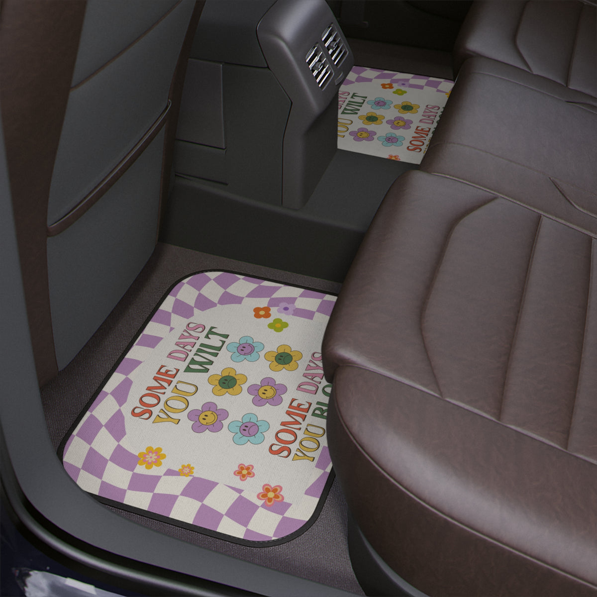 Retro Lilac Car Floor Mat,Aesthetic Y2K Flower Car Floor Mat,Boho Checkered Car Accessory,Cute Girly Car Interior Decor,Positive Quote