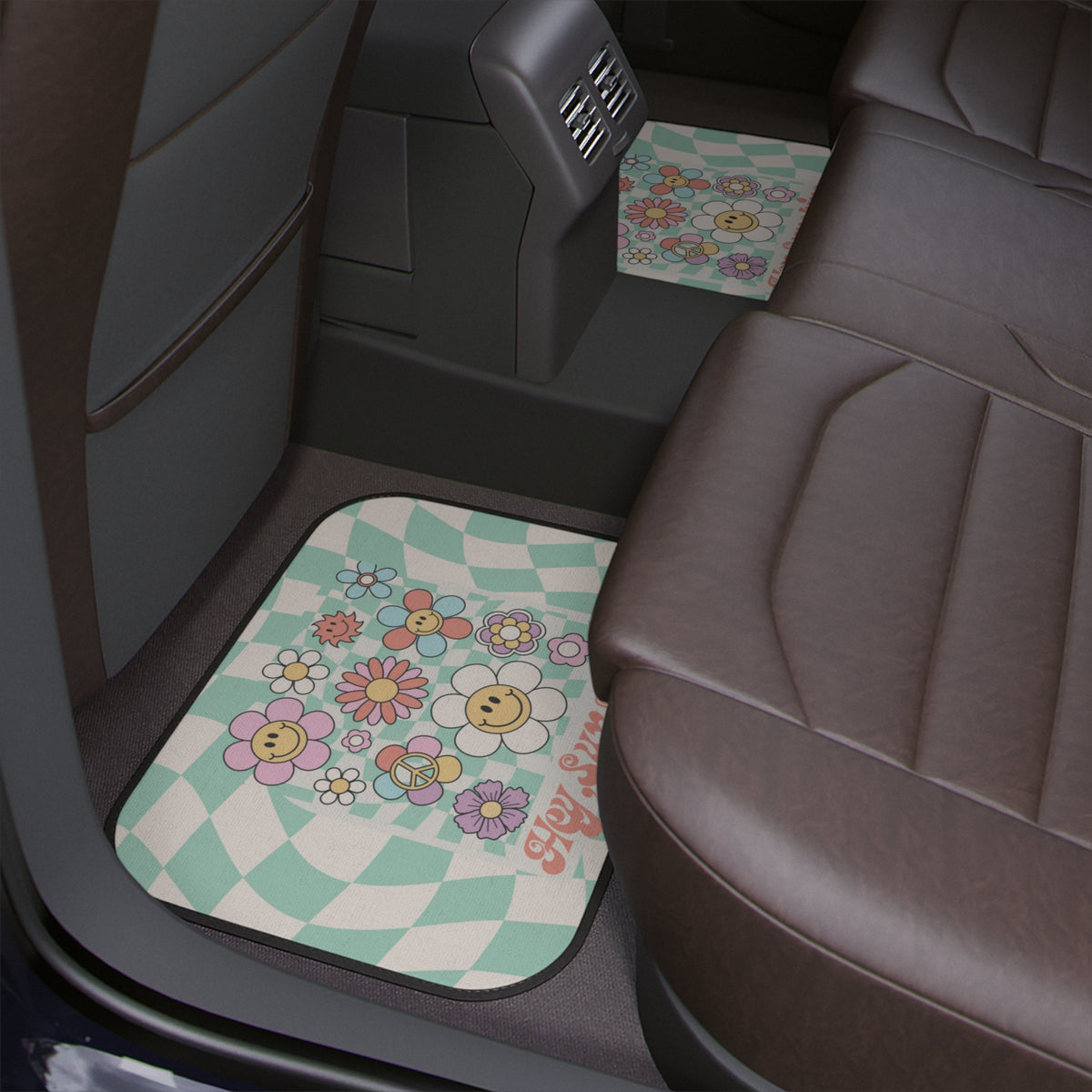 Groovy Sage Green Car Floor Mat,Aesthetic Y2K Flower Car Floor Mat,Boho Checkered Car Accessory,Cute Girly Car Interior Decor,Positive Quote