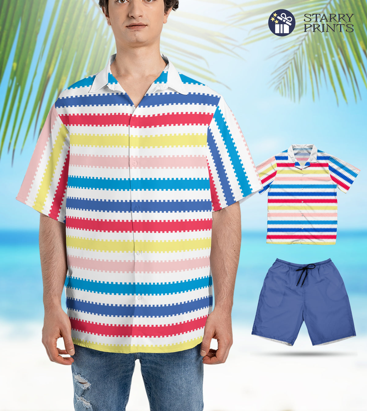 A vibrant Hawaiian shirt featuring colorful vertical stripes in shades of blue, pink, yellow, and green. Paired with matching shorts, the set captures the essence of the Barbie movie's Allan character. The shirt has a relaxed fit with a front button closure, while the shorts come with an elastic waistband for comfort.