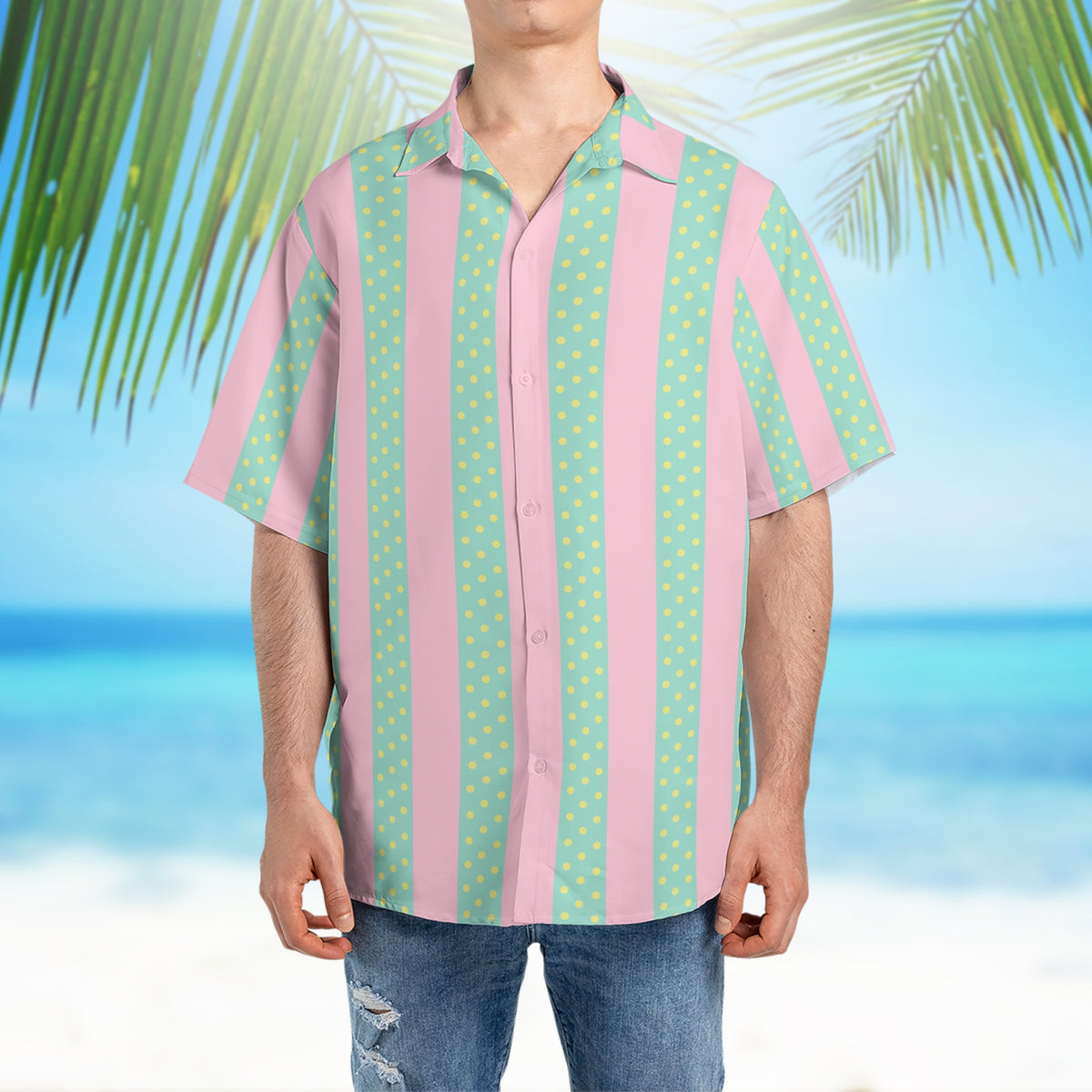 A detailed view of a Ken Beach Suit Outfit inspired by the Barbie movie. The set includes a green and pink Hawaiian shirt with a beach-themed pattern and matching shorts. The shirt showcases a button-up design with a relaxed fit, while the shorts have an elastic waistband for comfort.