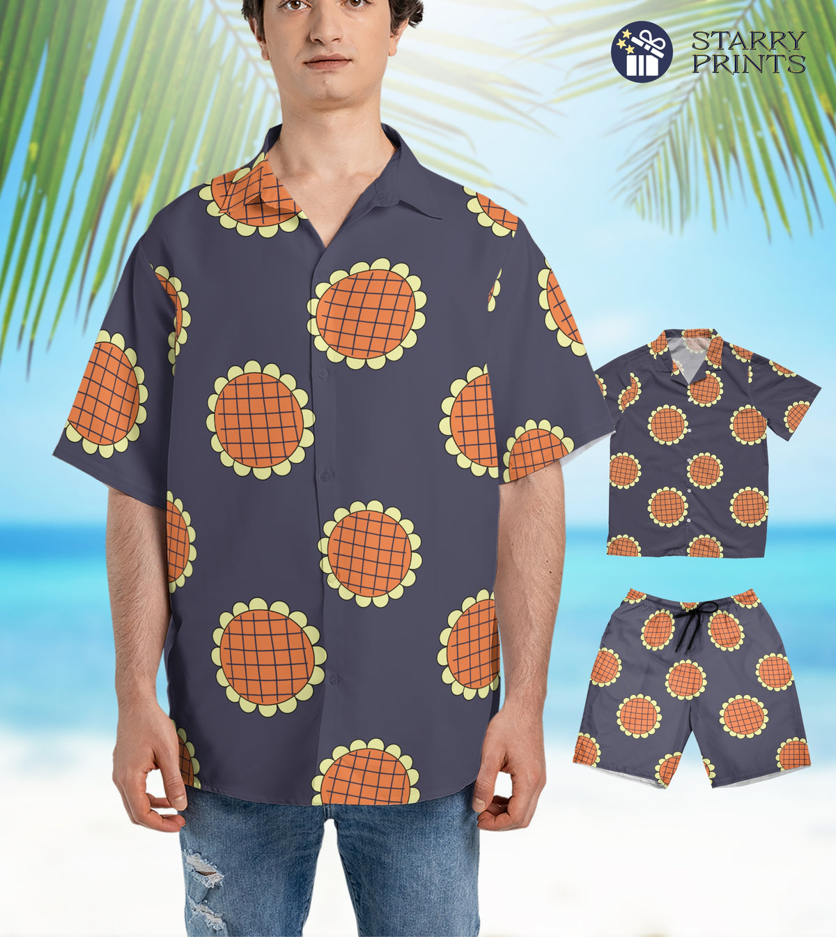 Anime-inspired Luffy Sunflower Hawaiian Shirt and shorts set, showcasing vibrant patterns reminiscent of the One Piece manga series, ideal for cosplay and Halloween events