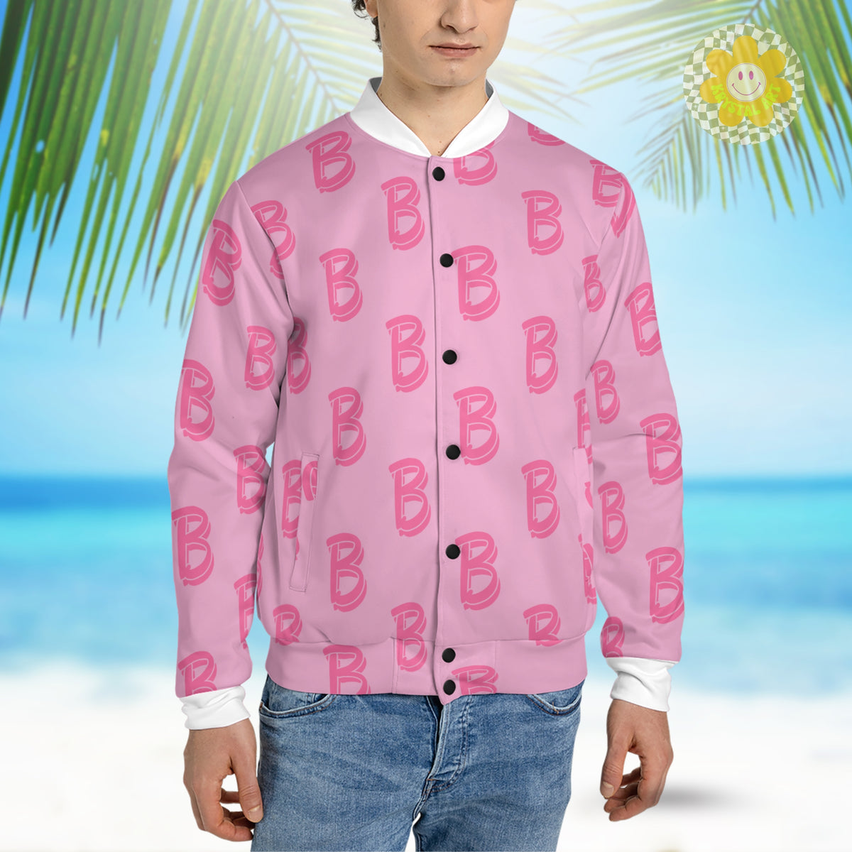 A stylish bomber jacket featuring a vibrant pink background with a bold 'B' letter pattern, reminiscent of Ken from the Barbie movie. The jacket has a classic varsity design, complete with ribbed cuffs and collar.
