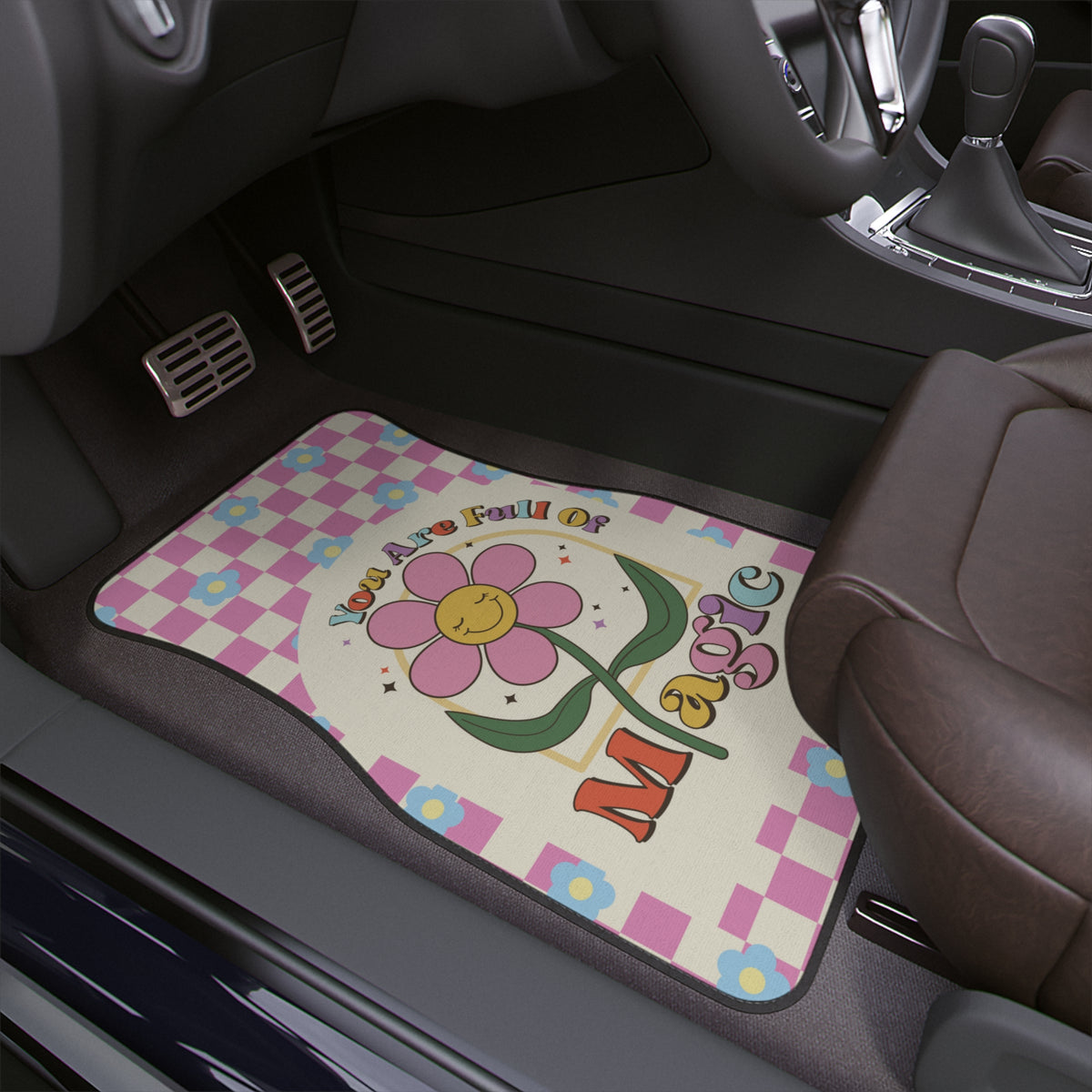 Boho Car Floor Mats, Aesthetic Y2K Colorful Flowers Car Floor Mats,Retro Checkered Car Accessories,Cute Girly Car Interior Decor for women