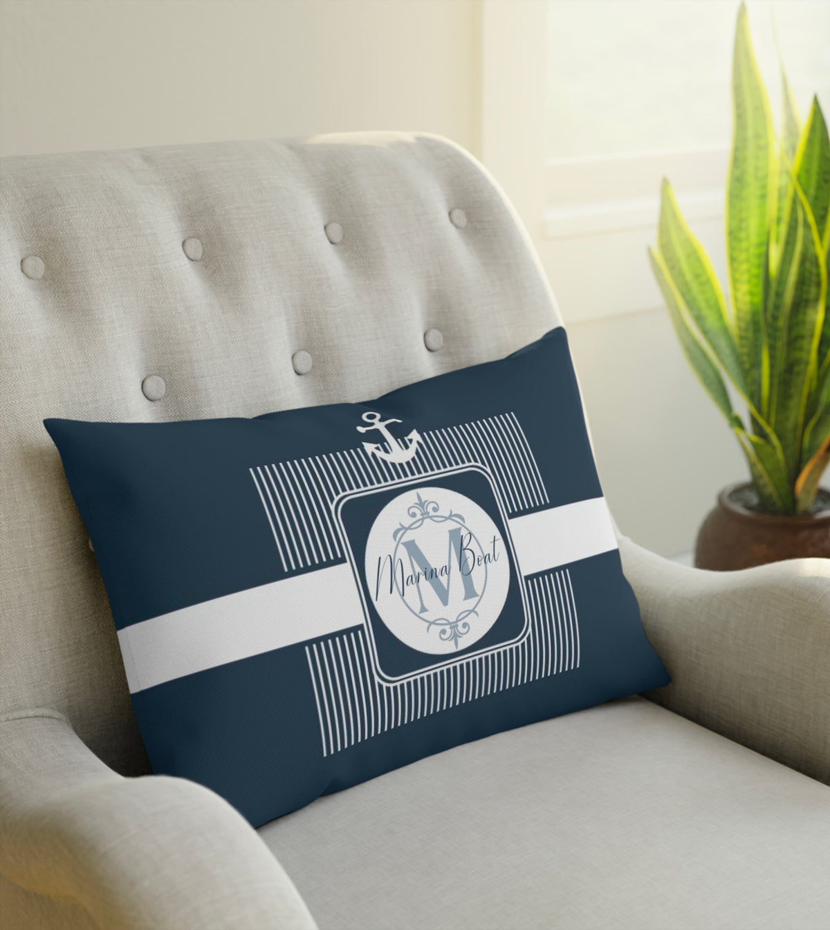 Customizable Boat Lumbar Pillow with Nautical Striped Design, featuring a personalized name and initial. The pillow is water-resistant, perfect for boat decor, yachting, sailing, or fishing trips. It's made of durable polyester and presents a unique gift option for boat owners or lake house decor