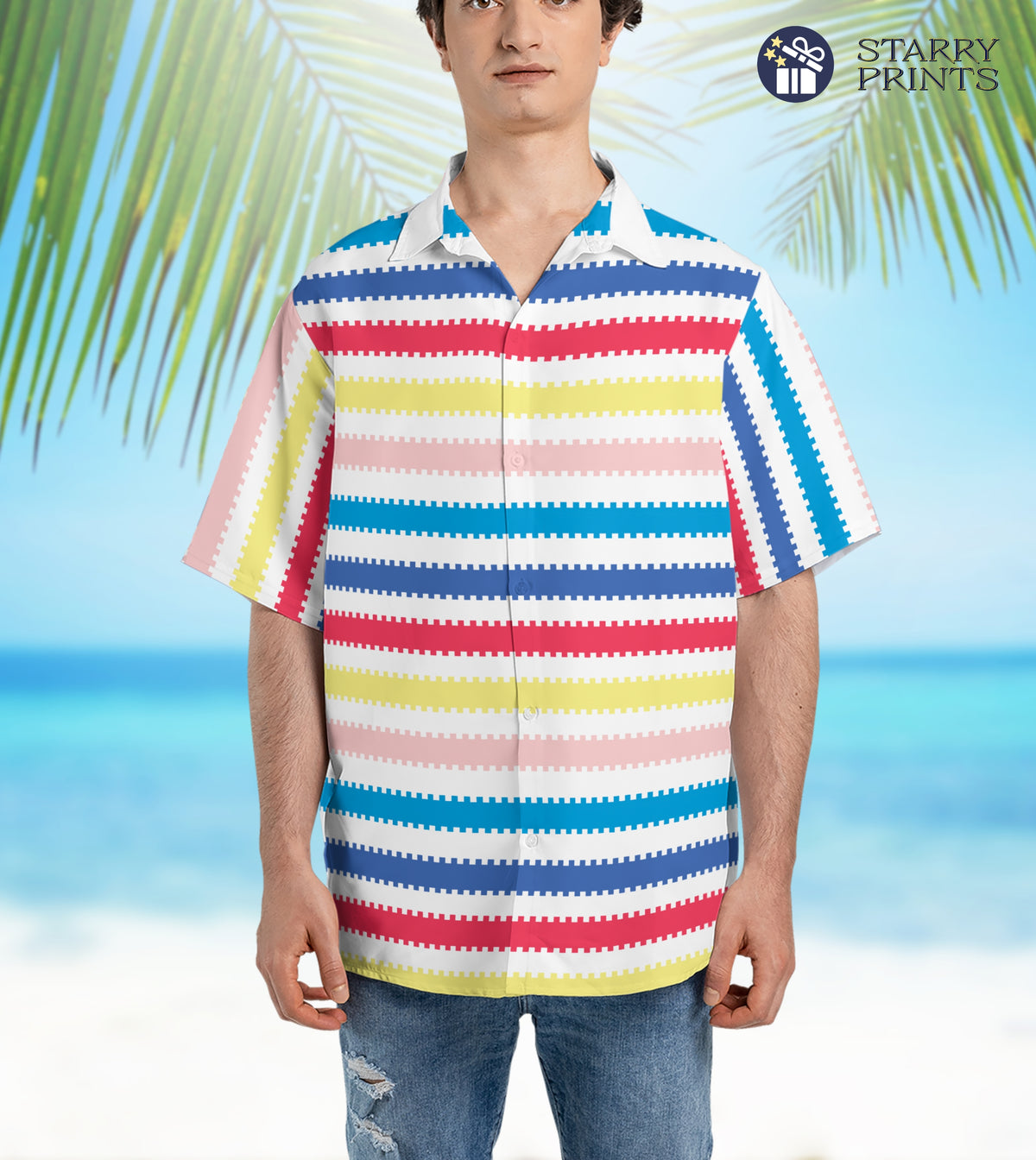 A vibrant Hawaiian shirt featuring colorful vertical stripes in shades of blue, pink, yellow, and green. Paired with matching shorts, the set captures the essence of the Barbie movie's Allan character. The shirt has a relaxed fit with a front button closure, while the shorts come with an elastic waistband for comfort.