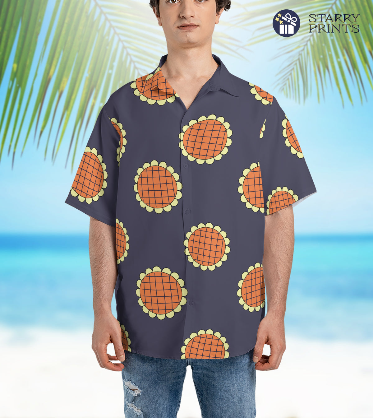 Anime-inspired Luffy Sunflower Hawaiian Shirt and shorts set, showcasing vibrant patterns reminiscent of the One Piece manga series, ideal for cosplay and Halloween events