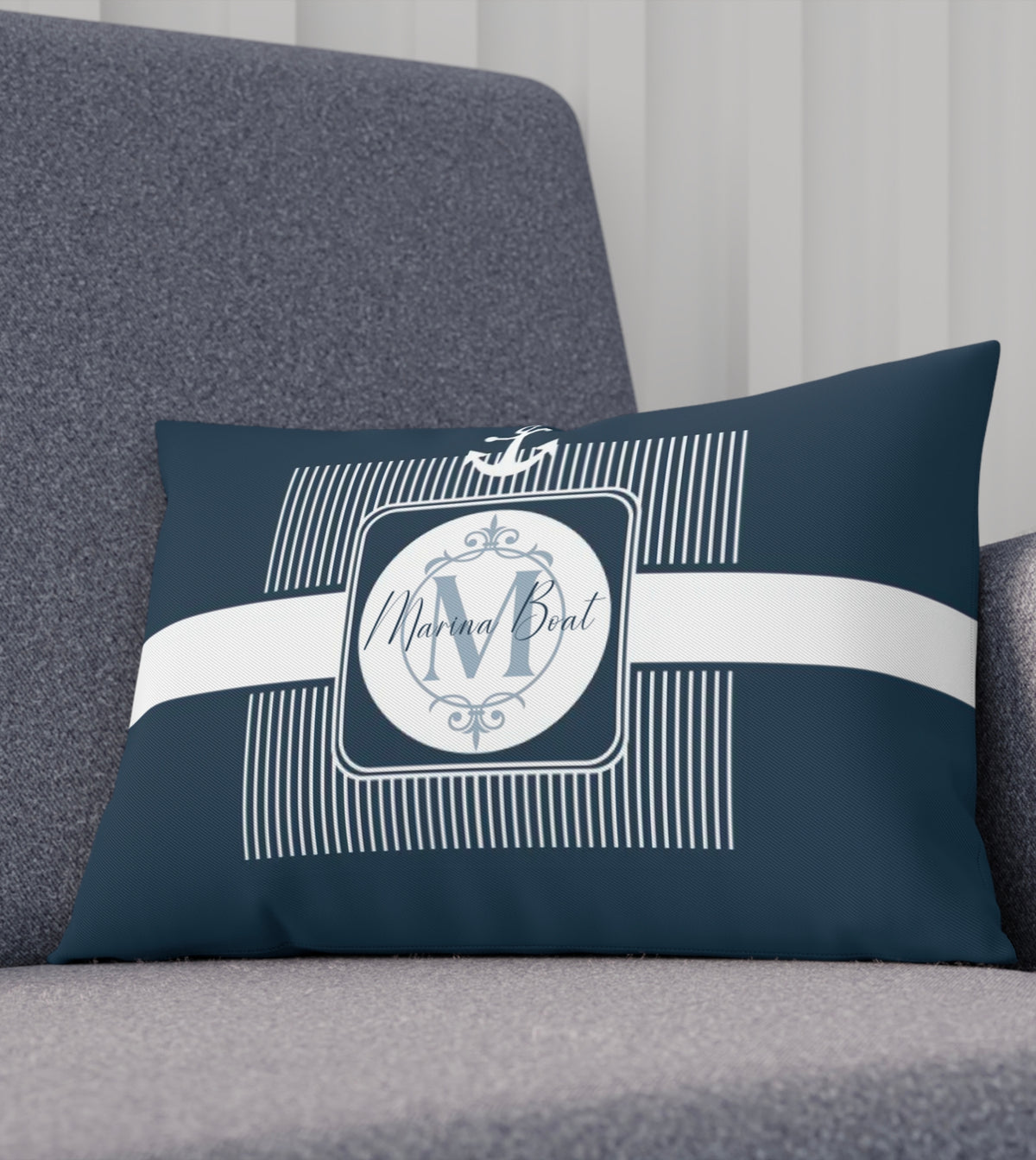 Customizable Boat Lumbar Pillow with Nautical Striped Design, featuring a personalized name and initial. The pillow is water-resistant, perfect for boat decor, yachting, sailing, or fishing trips. It's made of durable polyester and presents a unique gift option for boat owners or lake house decor