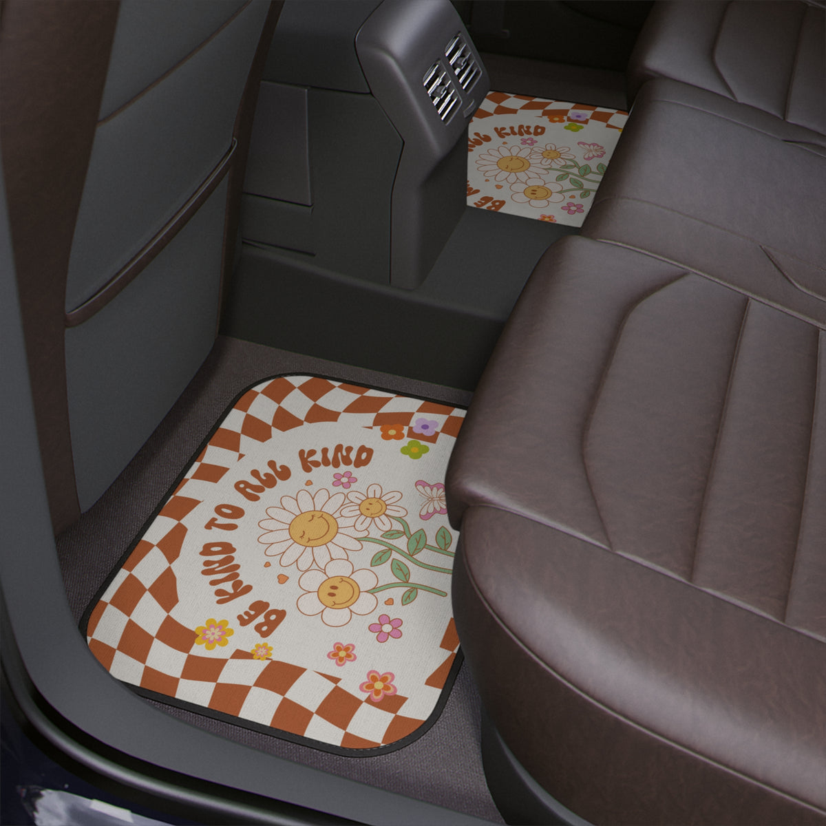 Retro Brown Car Floor Mats,Aesthetic Y2K Flowers Car Floor Mats,Boho Checkered Car Accessory,Cute Girly Car Interior Decor,Positive Quote