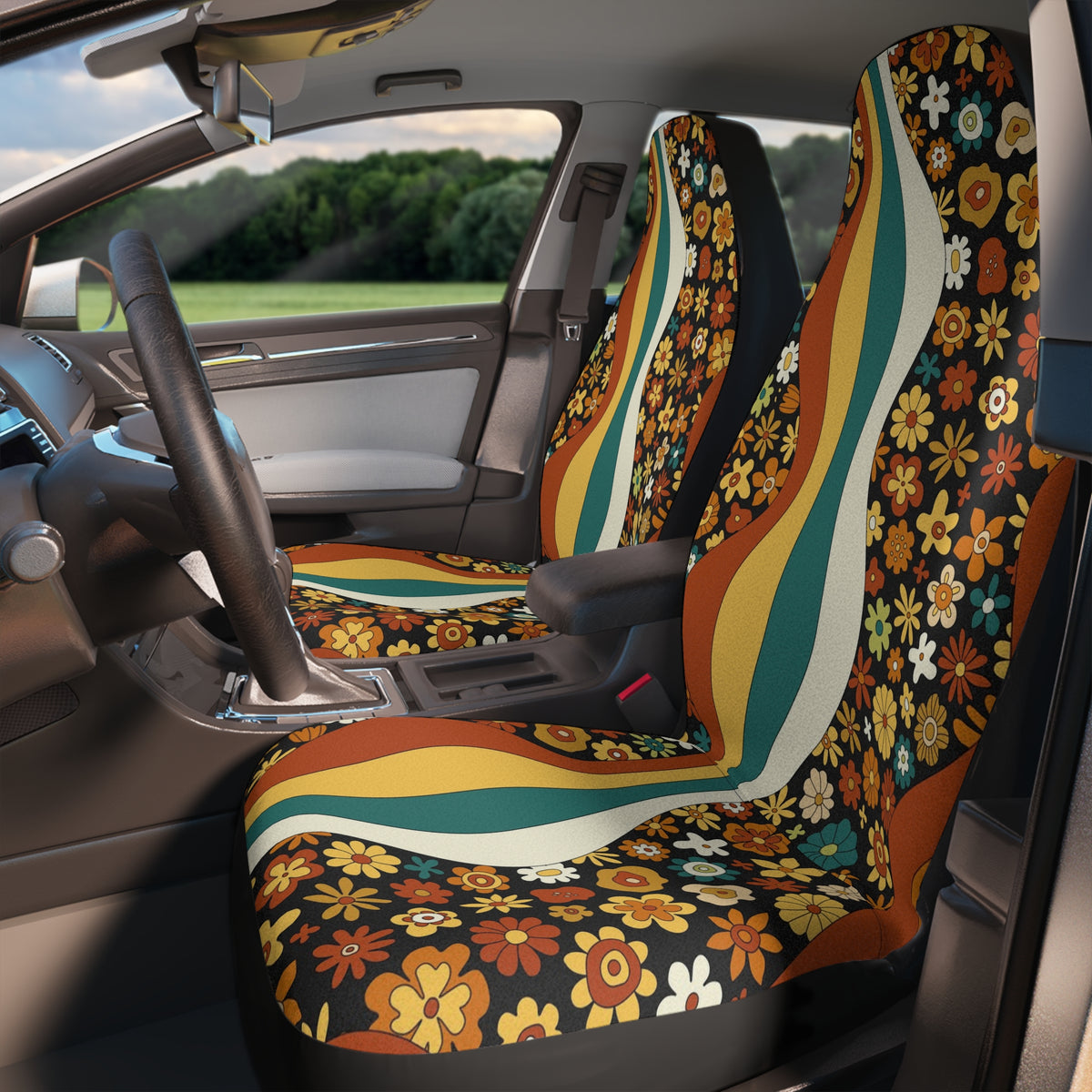 Boho Rainbow Car Seat Covers Set of 2, Aesthetic Y2K Groovy Floral Car Seat Cover, Gift for new driver,Y2K Retro car seat protector cover