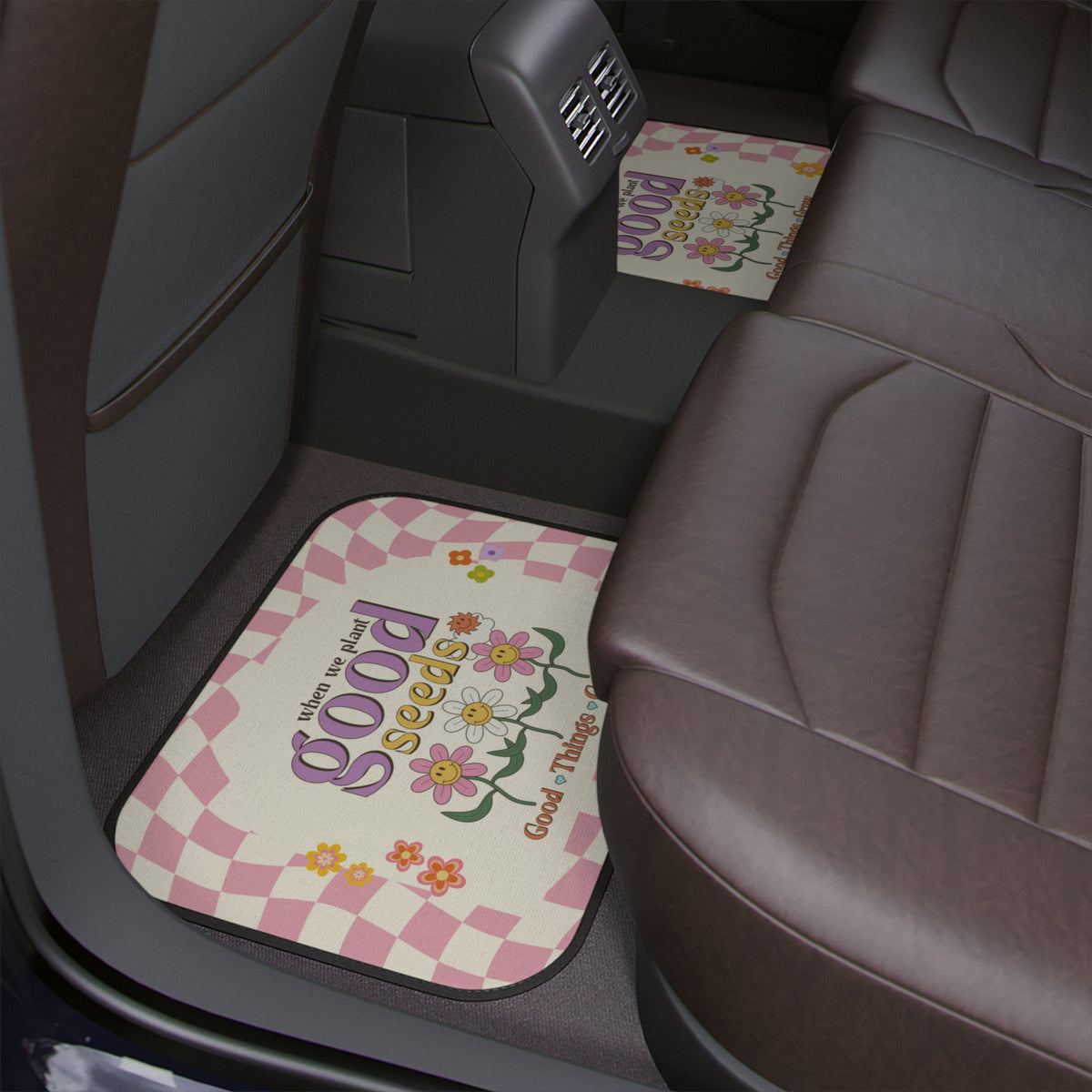Boho Car Floor Mats, Aesthetic Y2K Flowers Car Floor Mats,Retro Checkered Car Accessories,Cute Girly Car Interior Decor With Positive Quotes