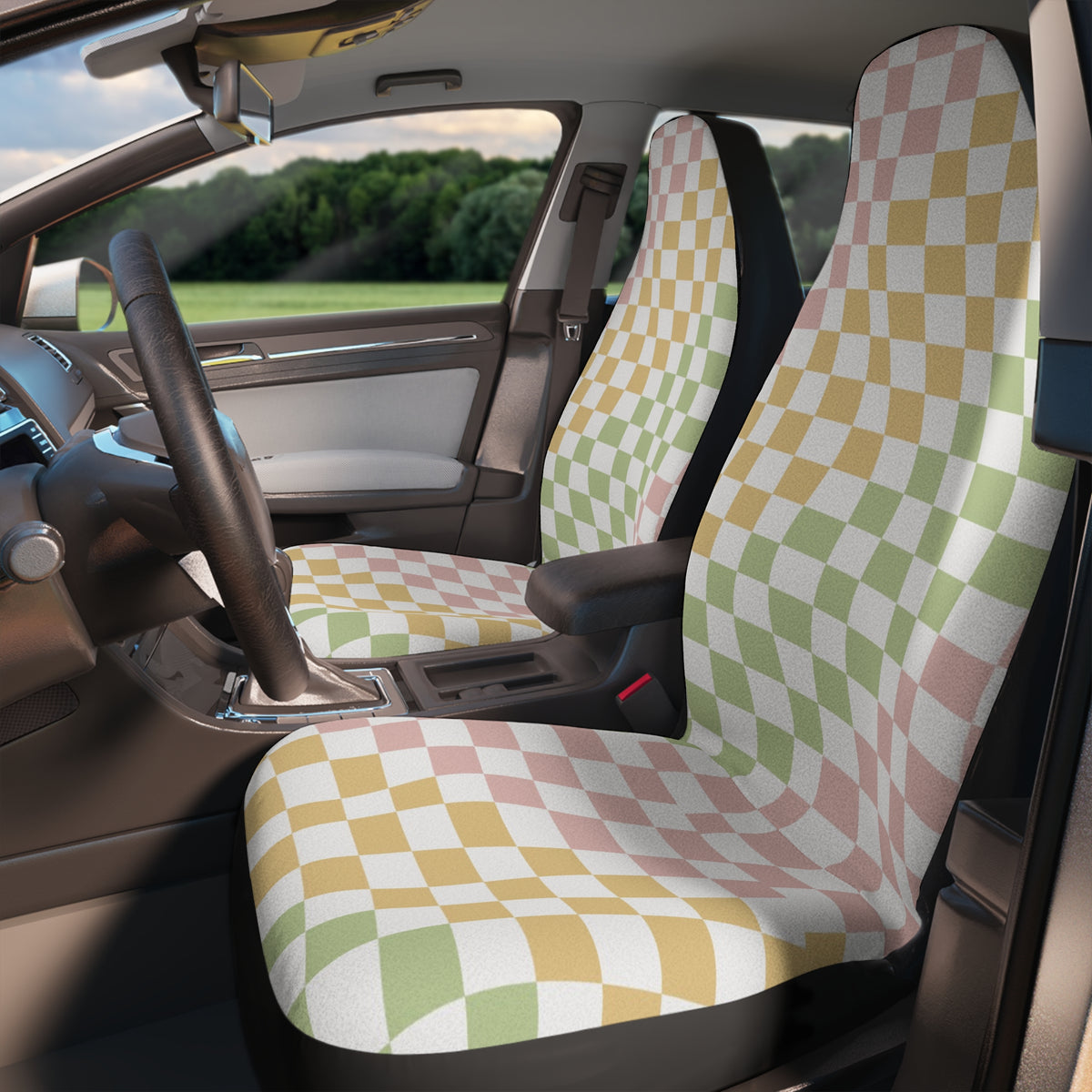 Rainbow Pastel Checkered Boho Car Seat Covers Set, Aesthetic y2k Car Seat Cover, Gift for new driver, Good Vibes Groovy cute car Accessories