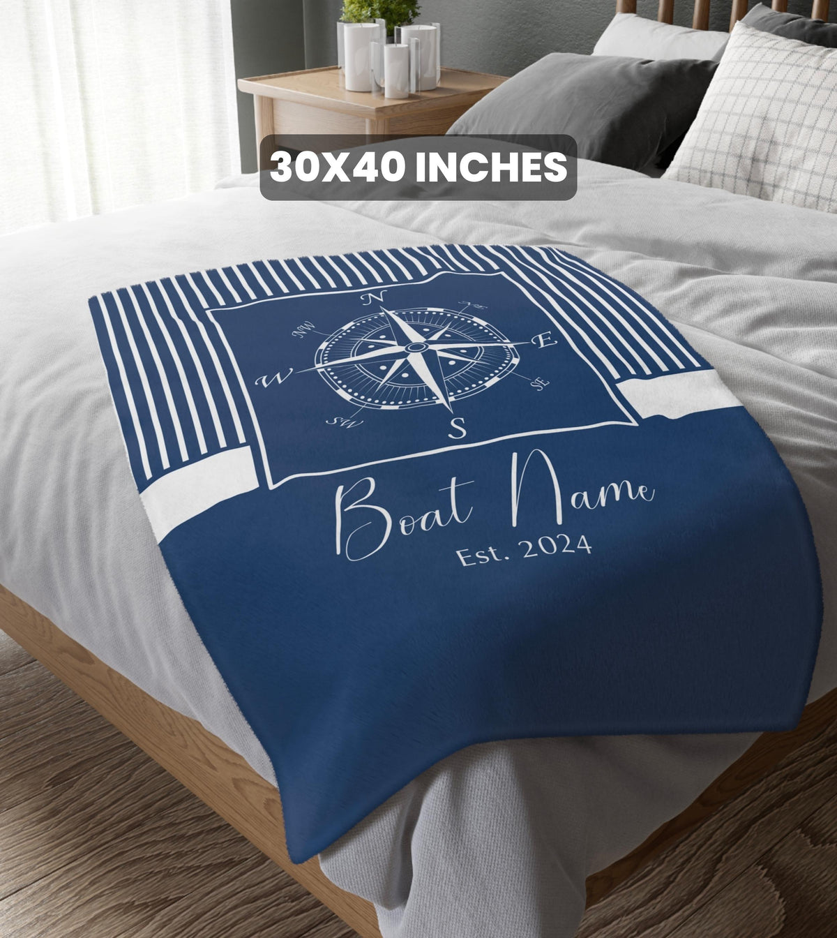 Close-up view of the Custom Boat Name Compass Plush Blanket, showcasing the soft velveteen texture and the detailed compass design, ideal for boat owners and nautical-themed spaces.