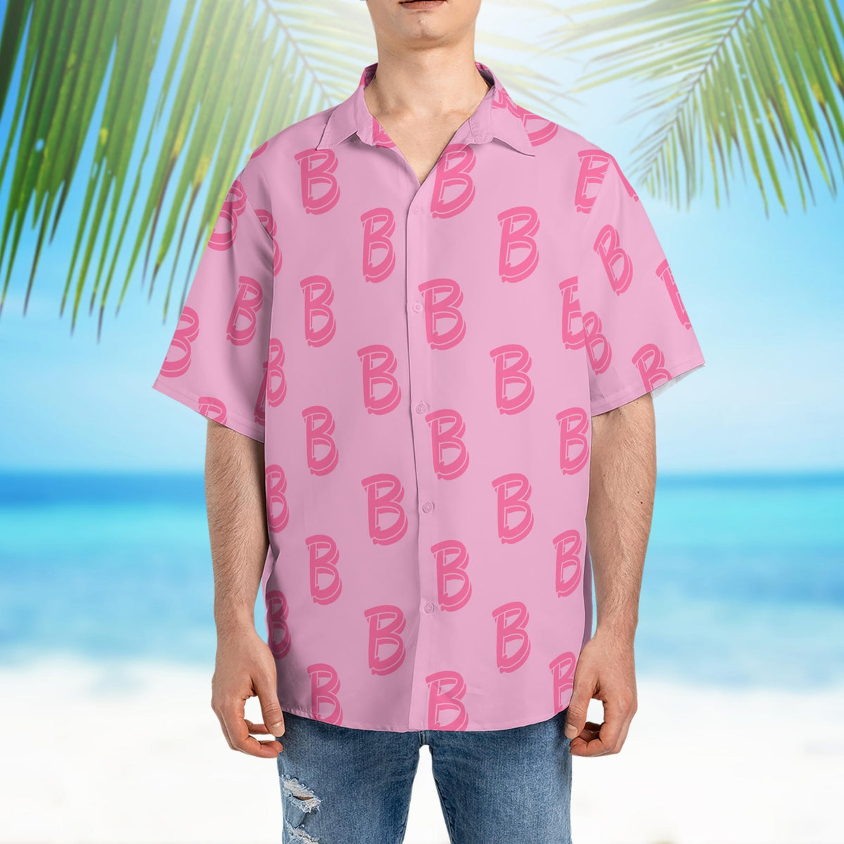 A vibrant pink shirt featuring a repeated 'B' letter pattern, paired with matching shorts. The shirt has a relaxed fit with a Cuban collar and white buttons, while the shorts have an elastic waistband. The ensemble captures the essence of Ken's iconic look from the Barbie movie, making it an ideal choice for cosplay events.