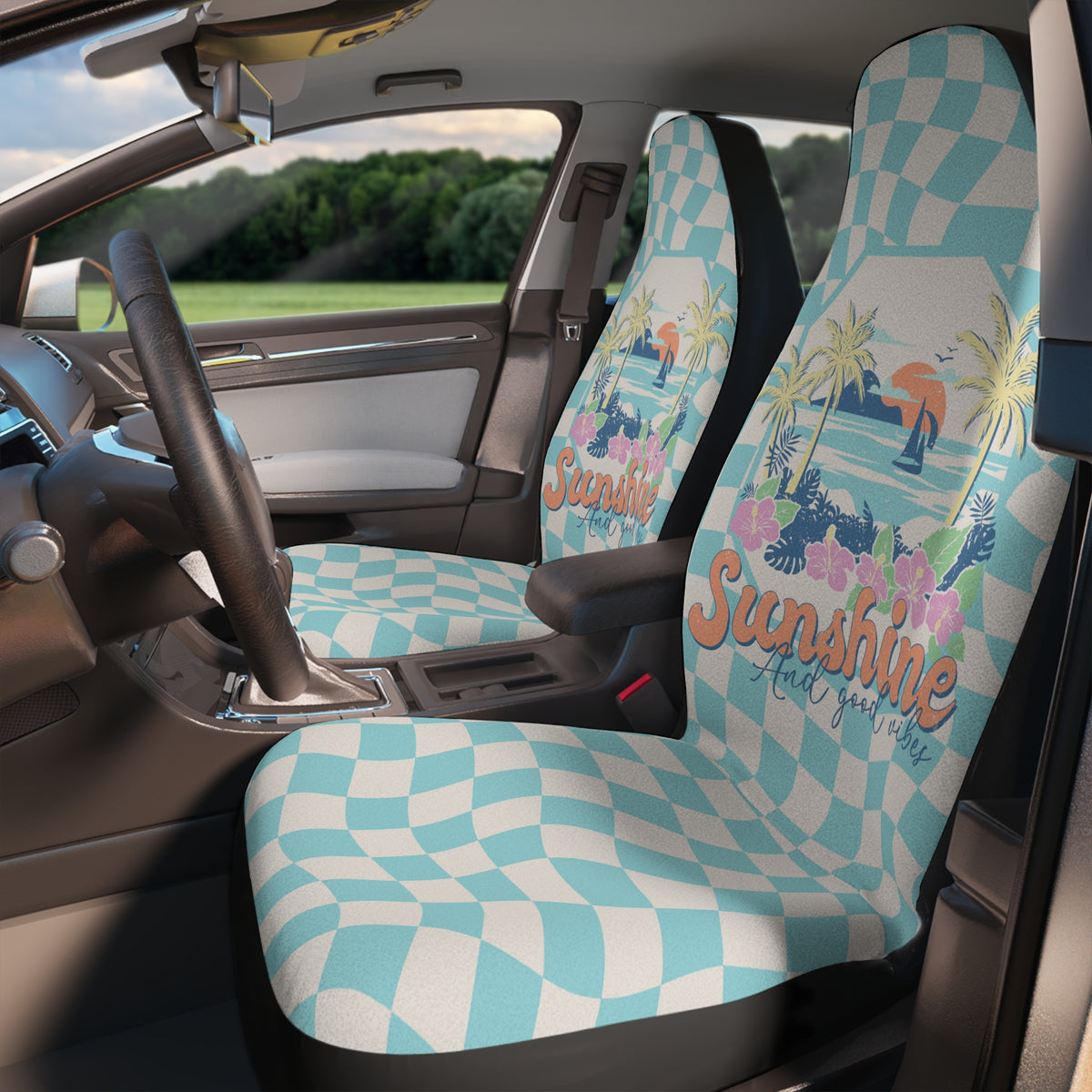 Blue Groovy Car Seat Covers Set,Summer Aesthetic Car Seat Covers,Boho Car Decor,Retro Checkered car cover,Cute car accessory,Hawaii Style