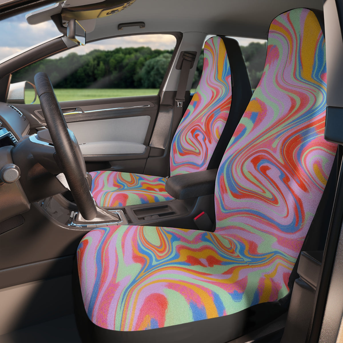 Pastel Psychedelic Car Seat Covers Set, Aesthetic y2k Car Seat Cover, Y2K Retro Car Accessories, Good Vibes Groovy cute car Decor