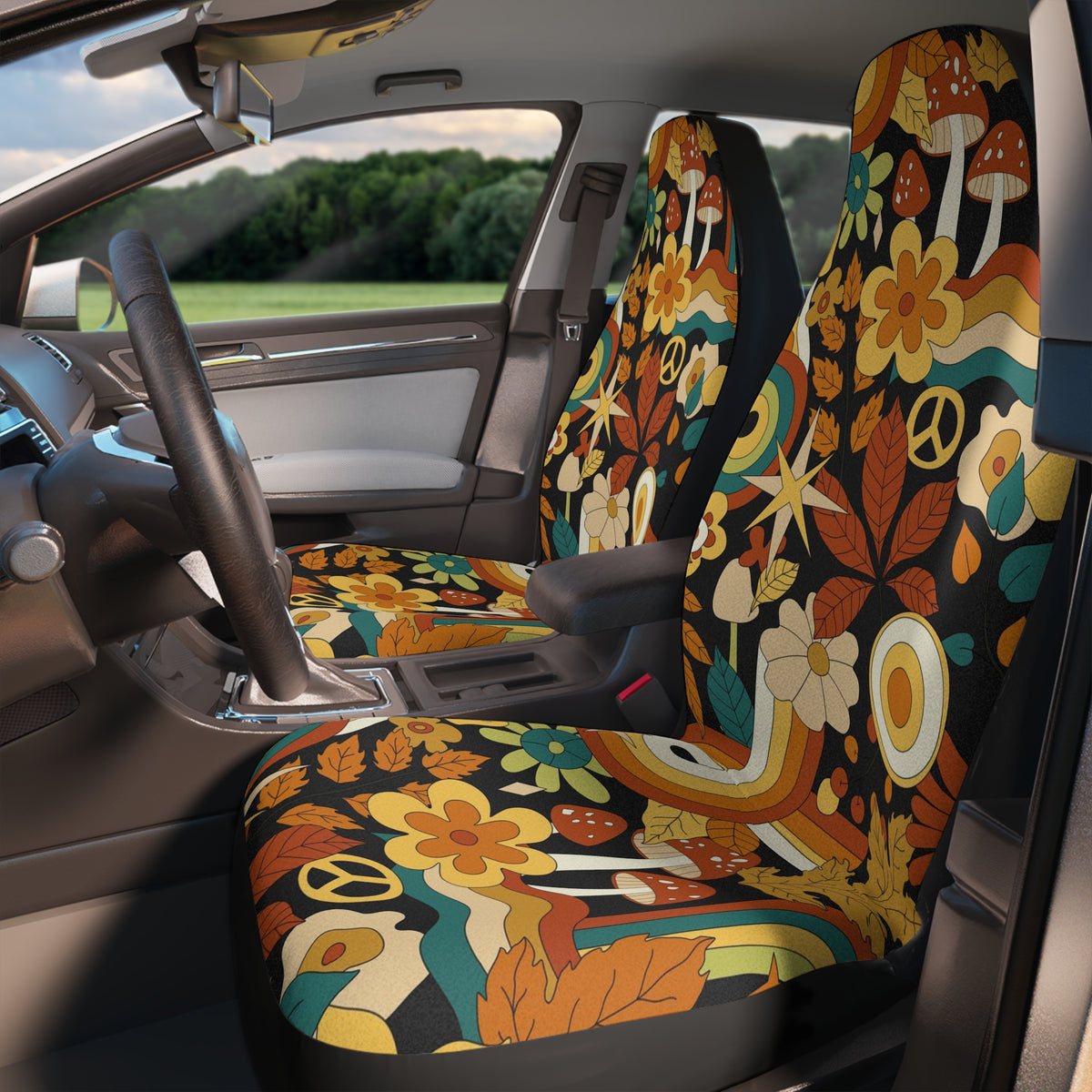 Boho Flowers Car Seat Covers Set of 2, Aesthetic Y2K Floral Mushroom Car Seat Cover,Y2K Car Decor,Gift for new driver, Retro car seat decor