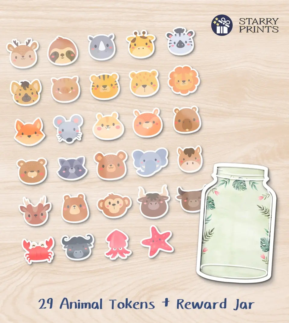 Close-up view of the Personalized Reward Jar with vibrant animal tokens, designed to encourage positive behavior in children