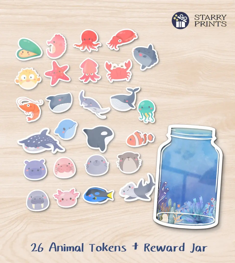 Personalized reward jar with vibrant ocean animal tokens, customizable name, and a clear jar against a white background - educational and motivational children's behavior tracking tool.