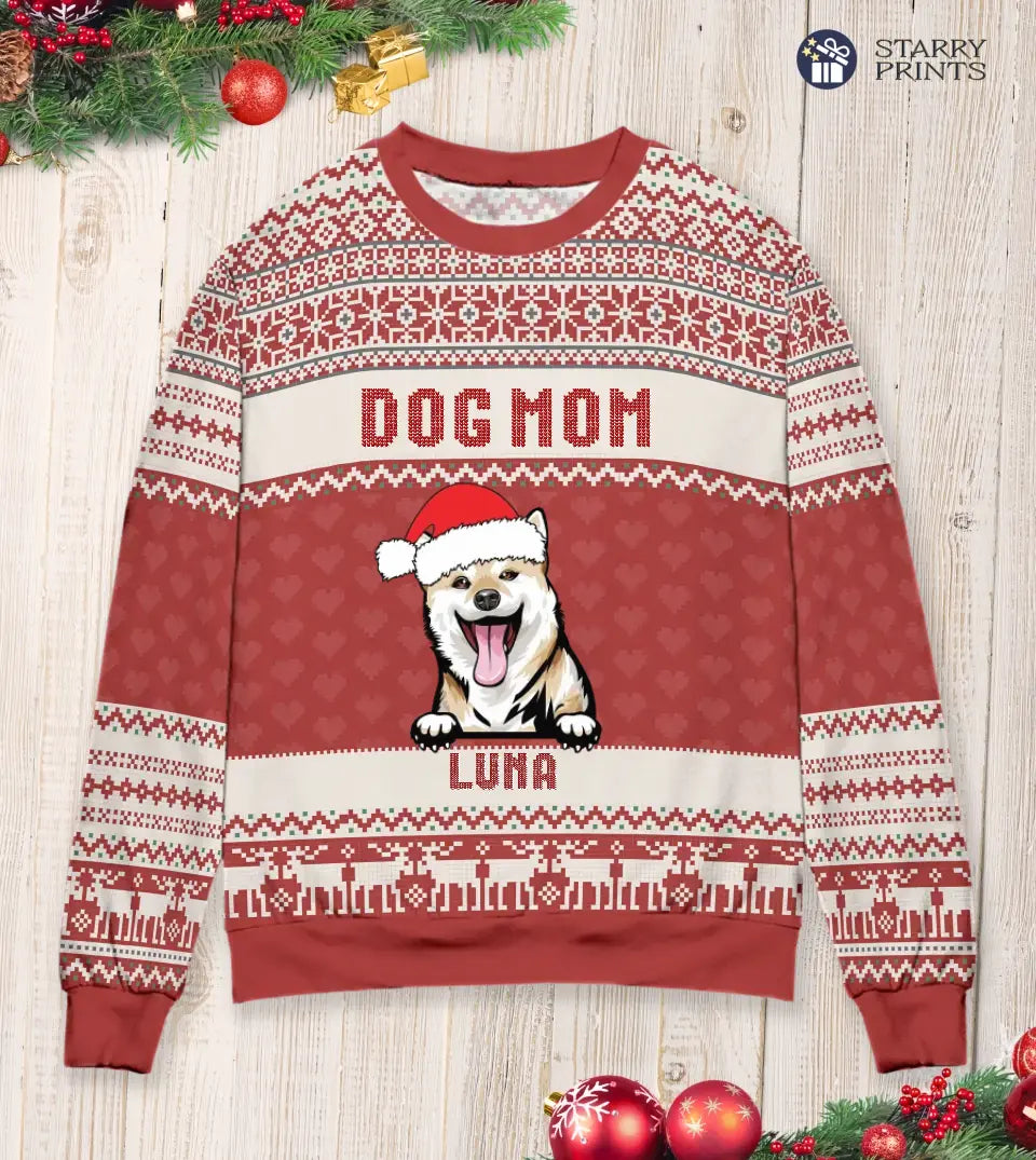 Dog Mom Dog Dad - Personalized Custom Unisex Ugly Christmas Sweatshirt For Dog Owners