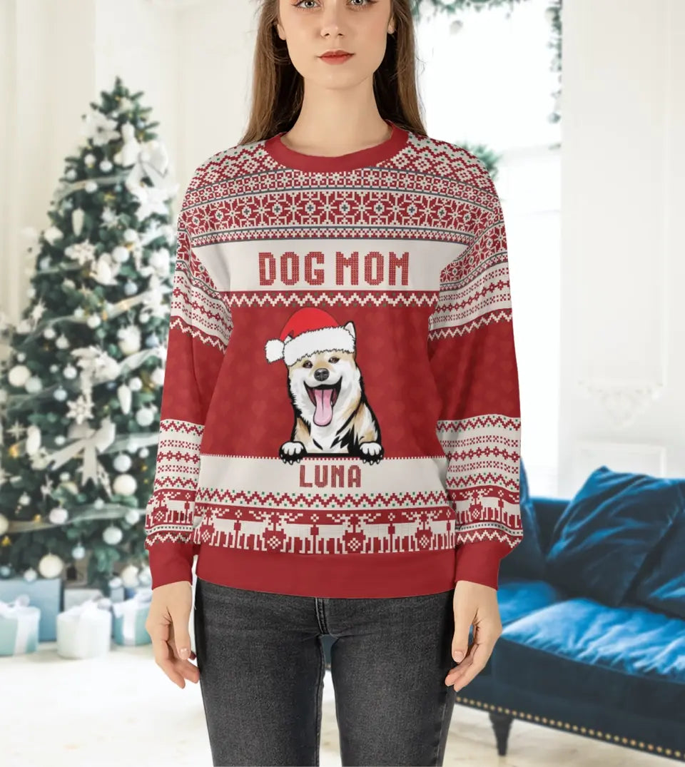 Dog Mom Dog Dad - Personalized Custom Unisex Ugly Christmas Sweatshirt For Dog Owners
