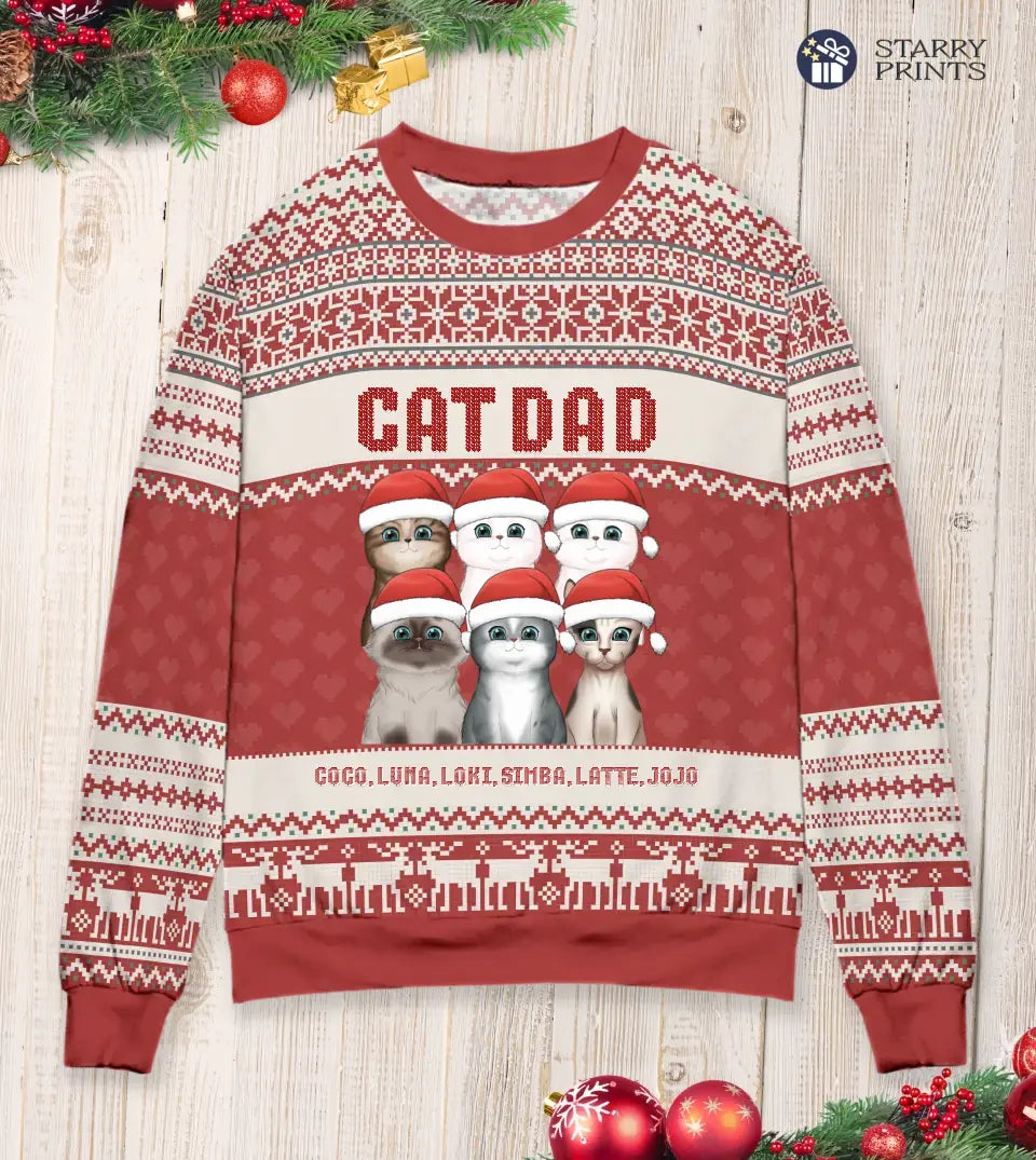 Cat Mom Cat Dad - Personalized Custom Unisex Ugly Christmas Sweatshirt For Cat Owners