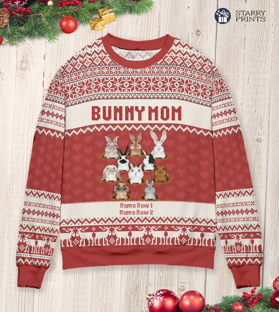 Bunny Mom Bunny Dad - Personalized Custom Unisex Ugly Christmas Sweatshirt For Rabbit Owners