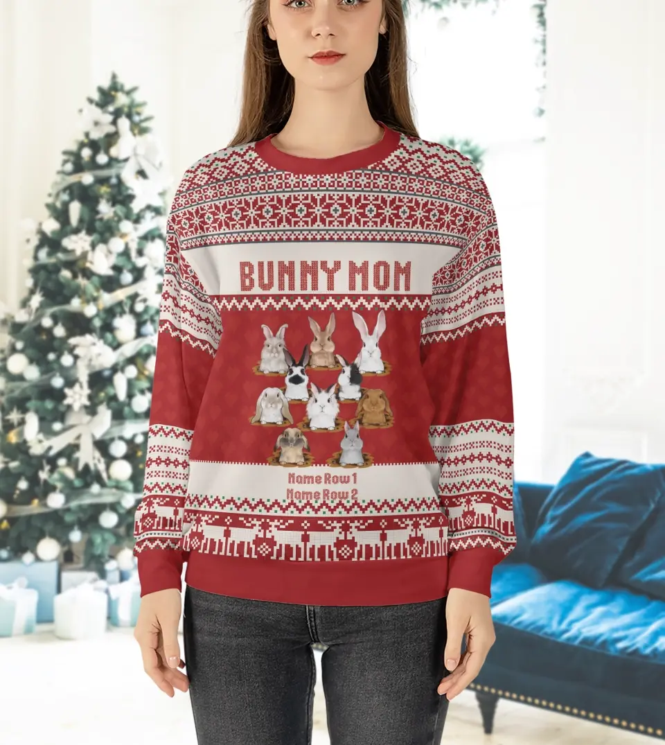 Bunny Mom Bunny Dad - Personalized Custom Unisex Ugly Christmas Sweatshirt For Rabbit Owners