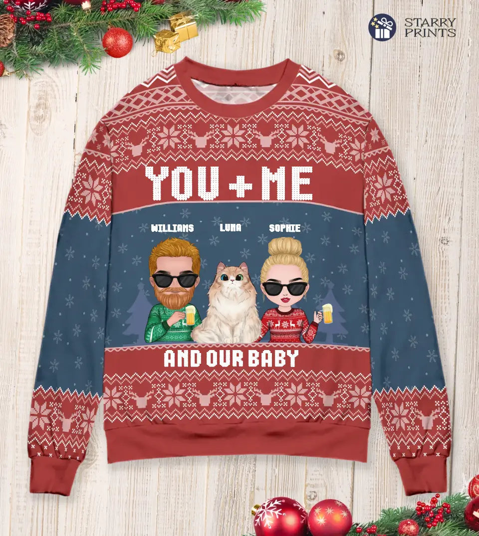 Personalized Ugly Christmas Sweatshirt For Pet Owners Couple - Cat, Dog, Rabbit, or Photo Custom