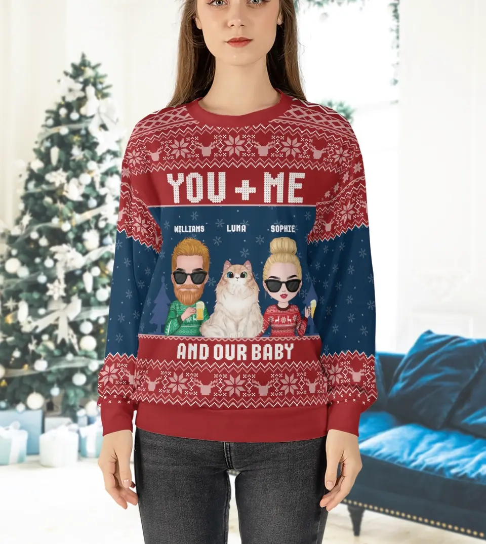 Personalized Ugly Christmas Sweatshirt For Pet Owners Couple - Cat, Dog, Rabbit, or Photo Custom