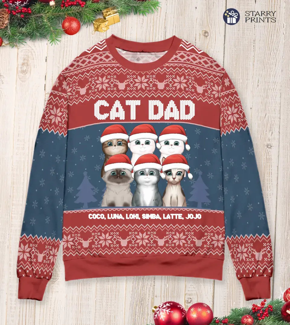 Cat Mom Cat Dad - Personalized Custom Unisex Ugly Christmas Sweatshirt For Cat Owners