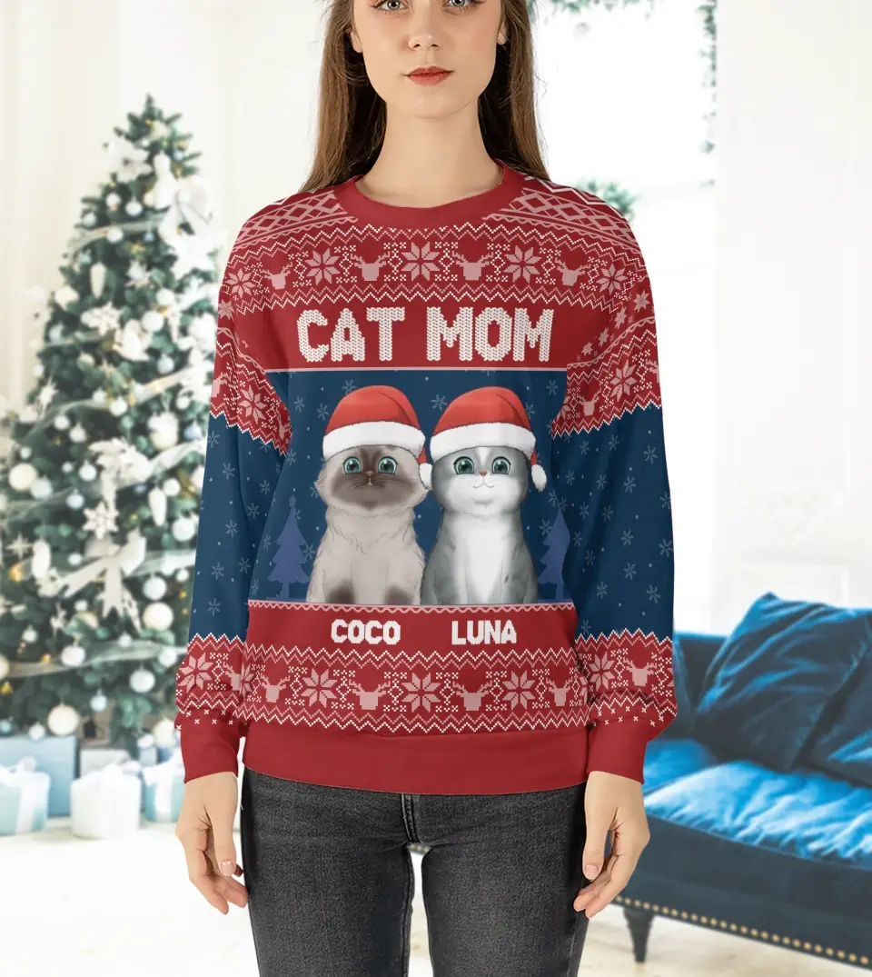 Cat Mom Cat Dad - Personalized Custom Unisex Ugly Christmas Sweatshirt For Cat Owners