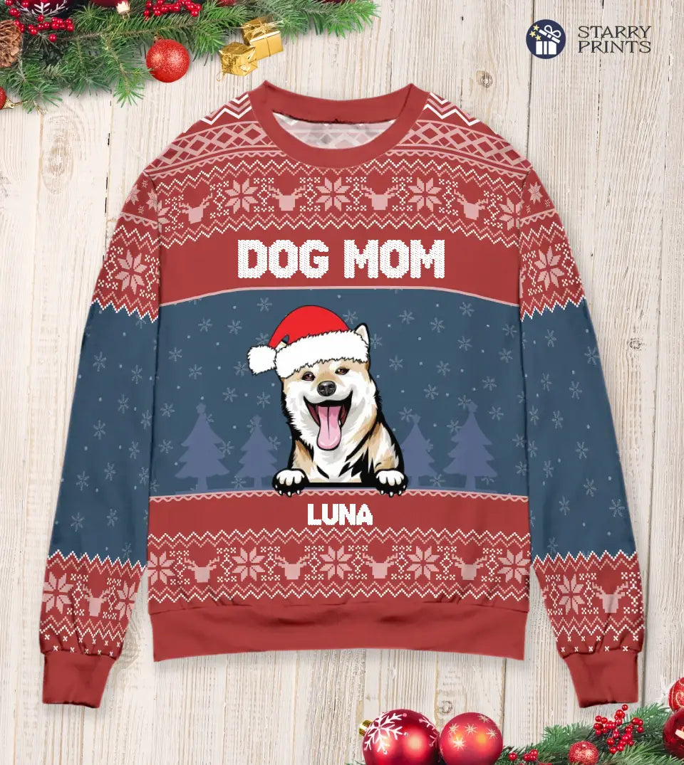 Dog Mom Dog Dad - Personalized Custom Unisex Ugly Christmas Sweatshirt For Dog Owners